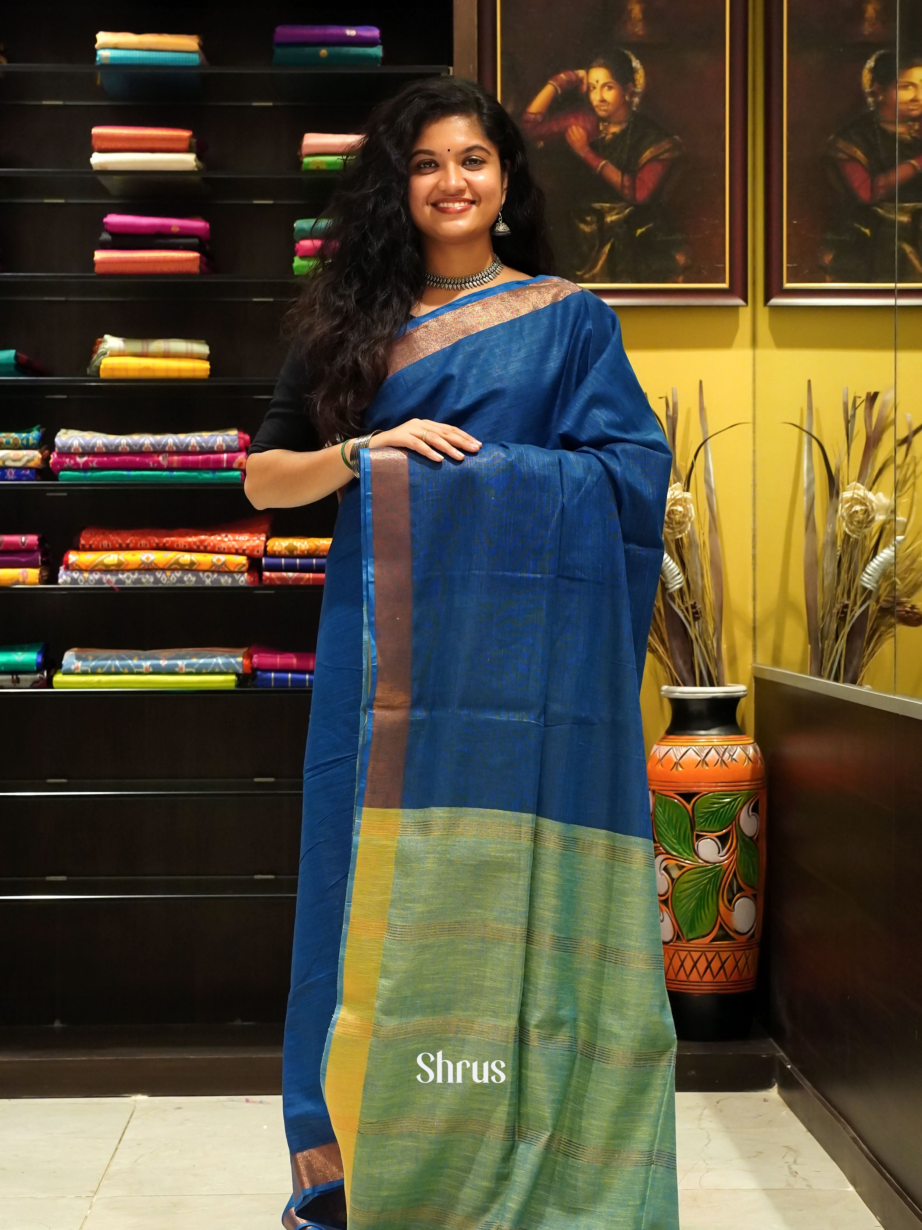 Blue & Green - Art Linen Saree - Shop on ShrusEternity.com