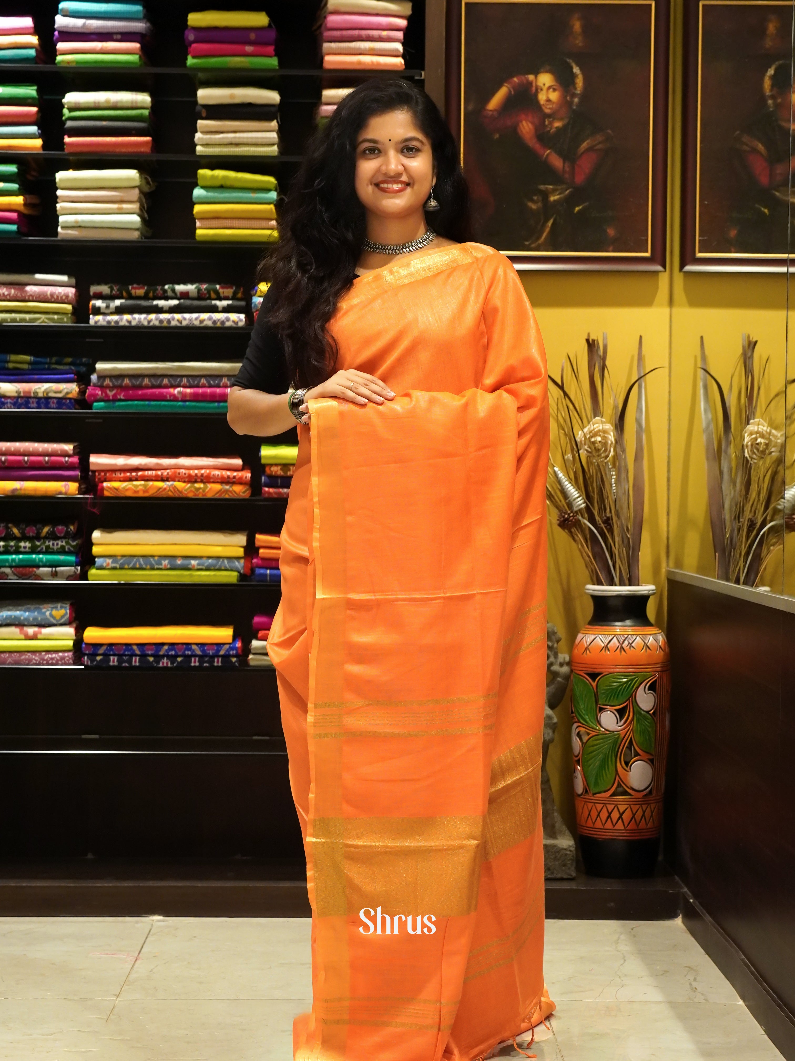 Orange -Art linen Saree - Shop on ShrusEternity.com