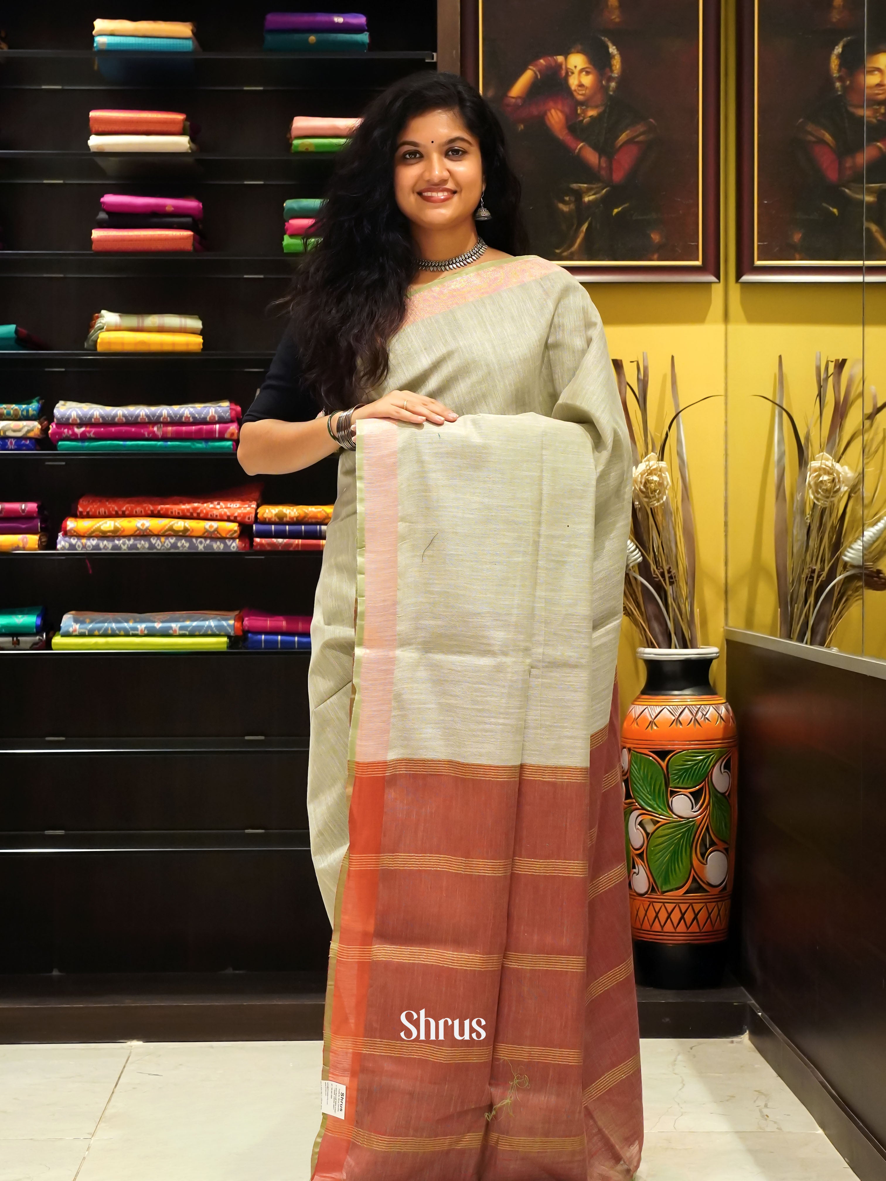 Grey & Brown - Art Linen Saree - Shop on ShrusEternity.com