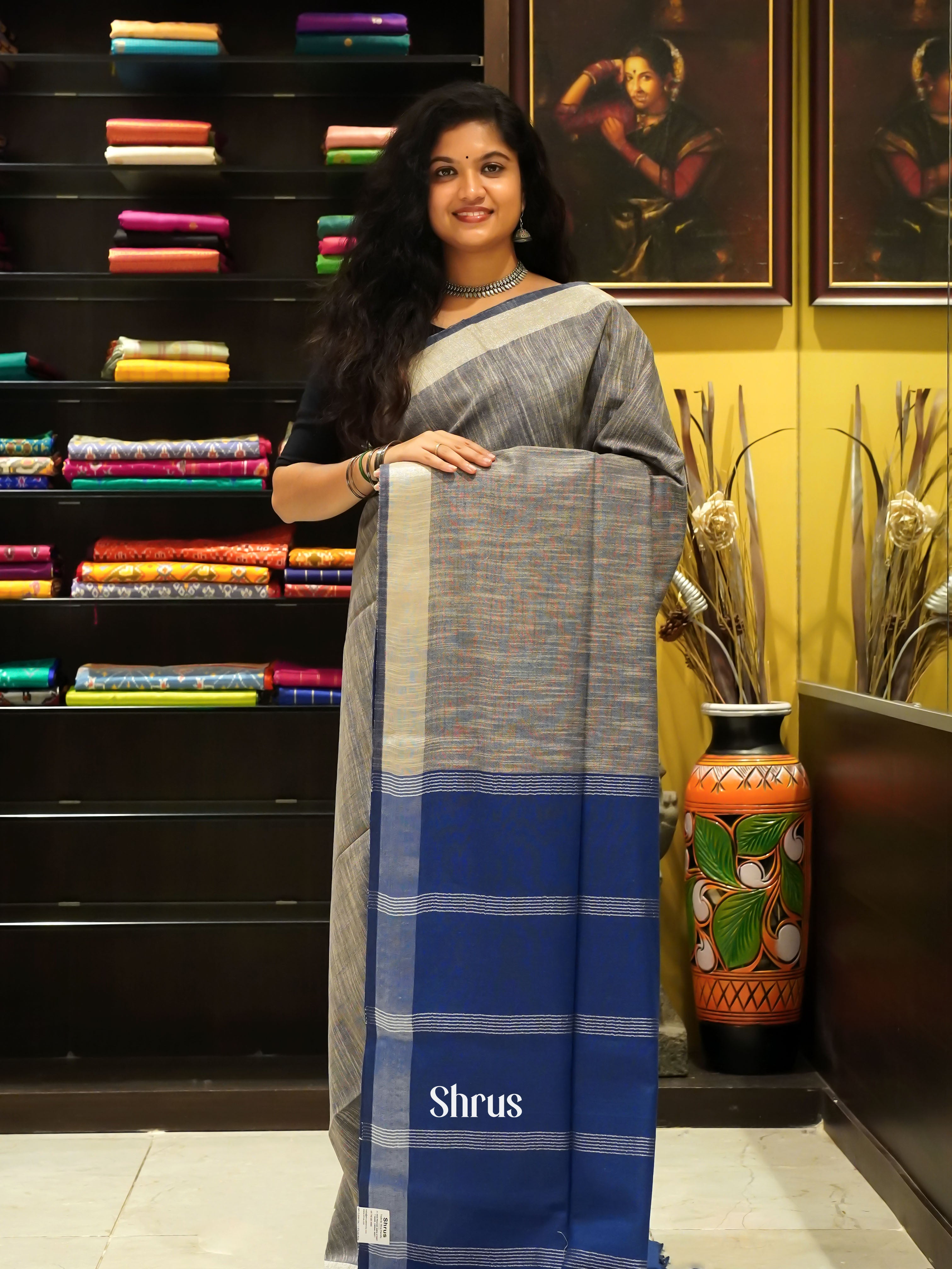 Grey & Blue - Art Linen Saree - Shop on ShrusEternity.com