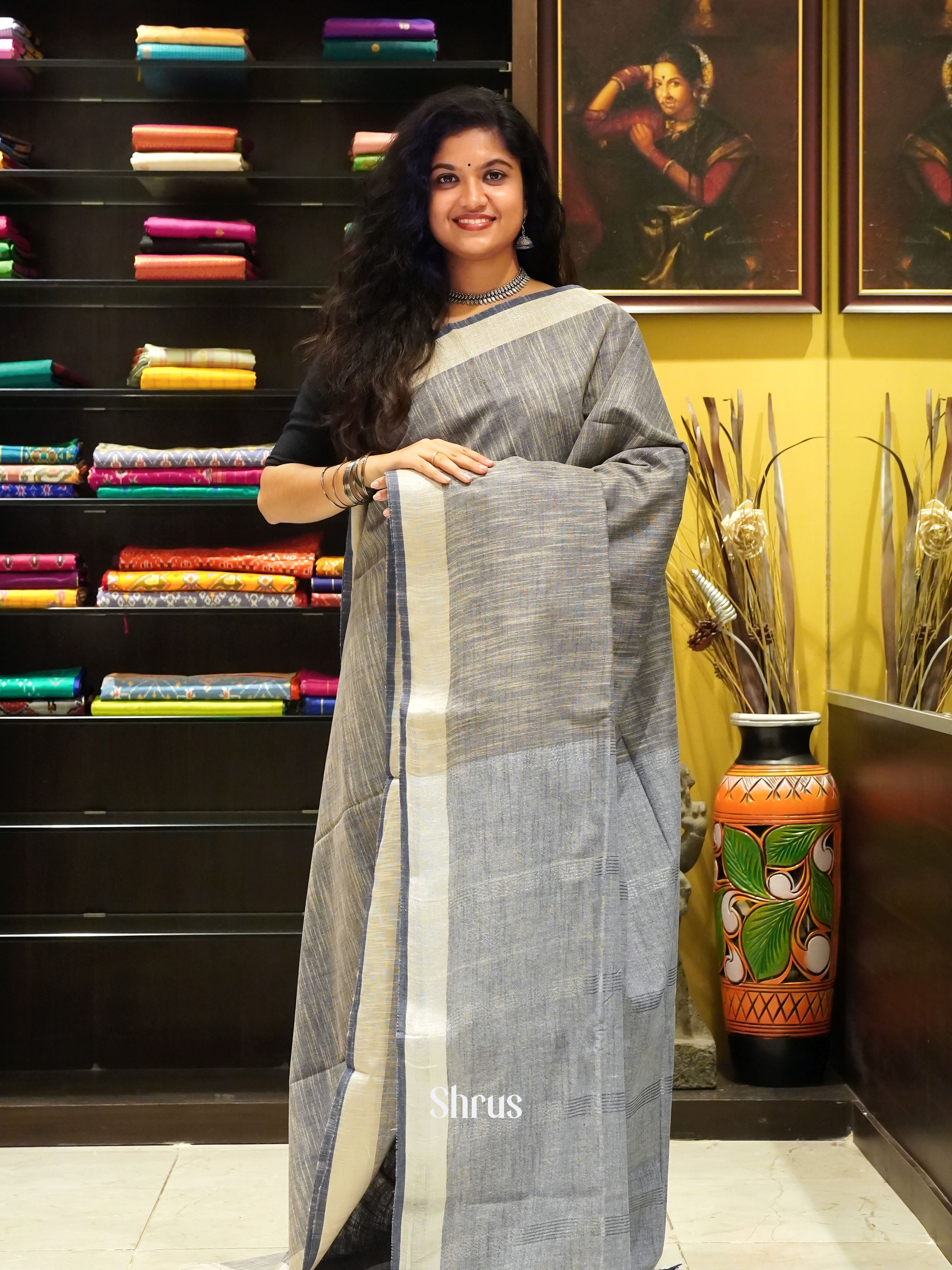 Grey - Art Linen Saree - Shop on ShrusEternity.com
