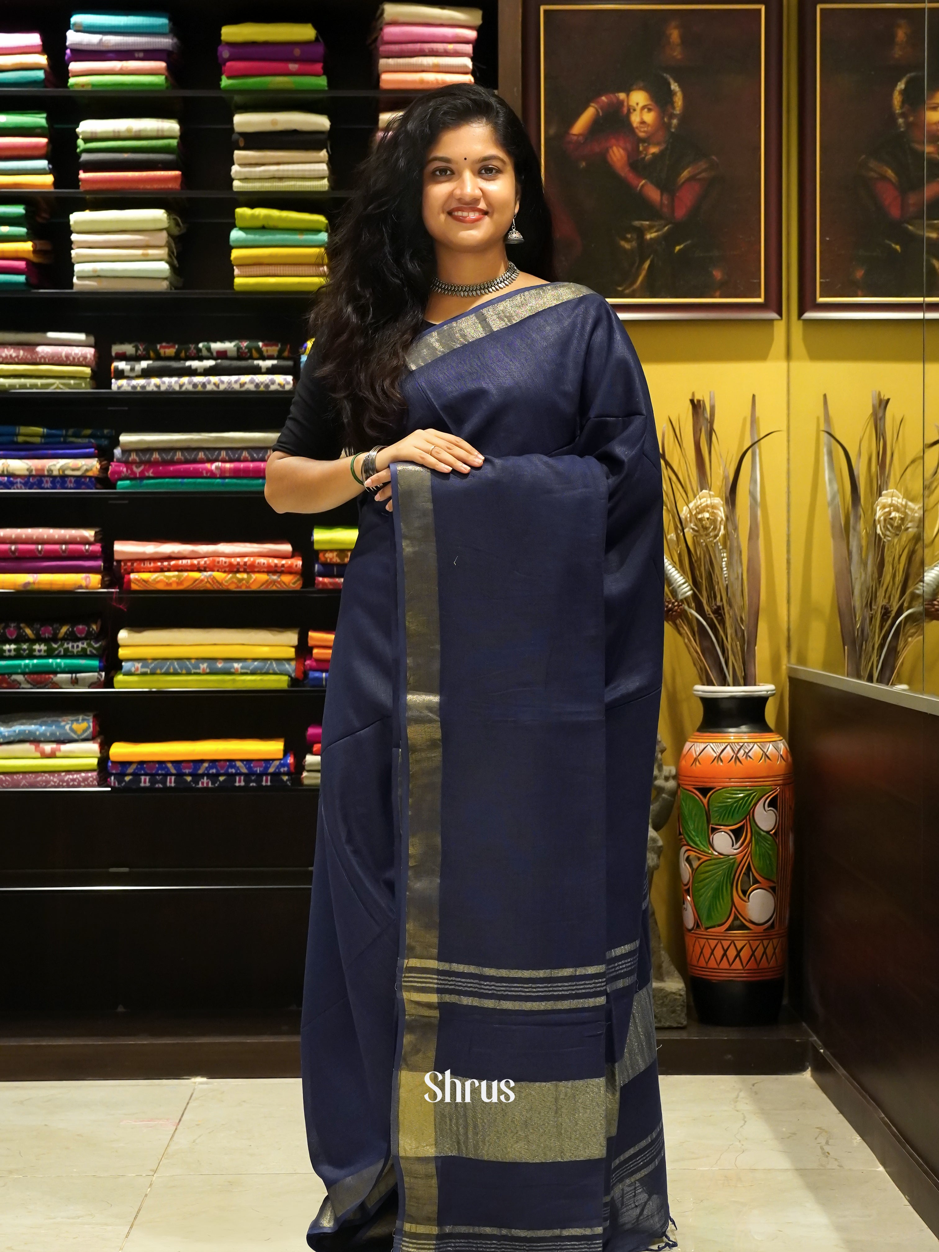 Blue - Art linen Saree - Shop on ShrusEternity.com
