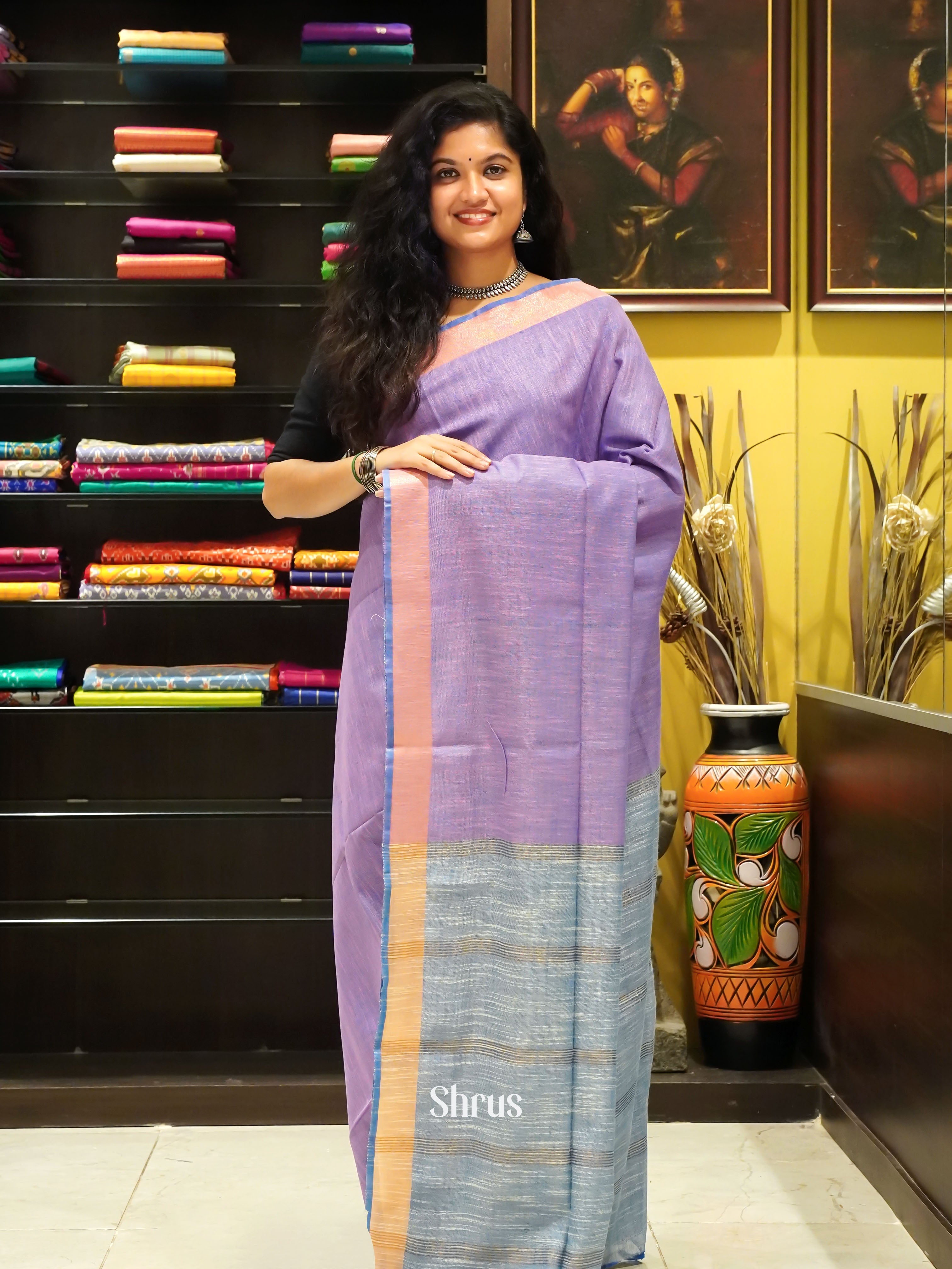 Lavender & Grey - Art Linen Saree - Shop on ShrusEternity.com