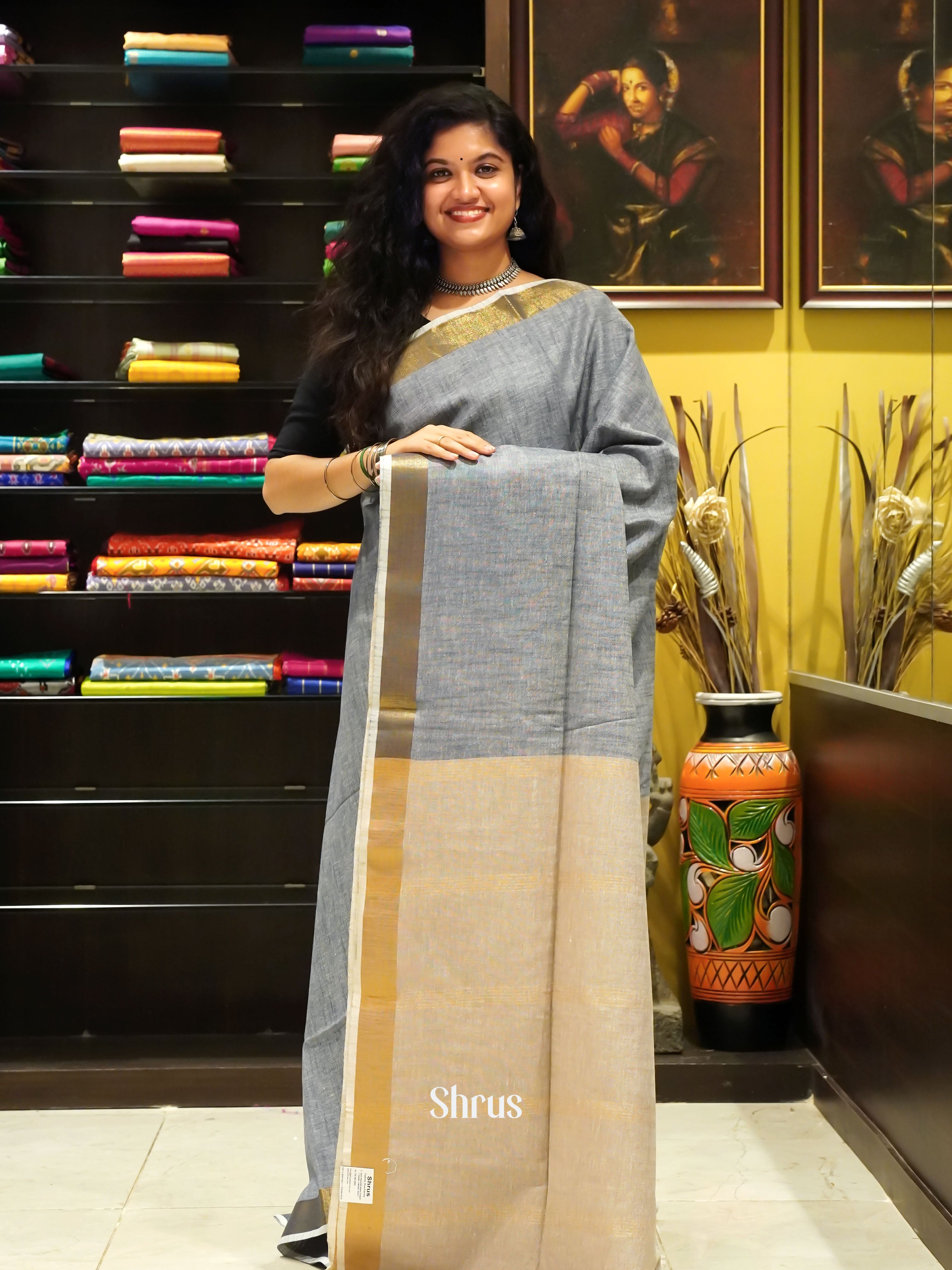 Grey & Cream - Art Linen Saree - Shop on ShrusEternity.com