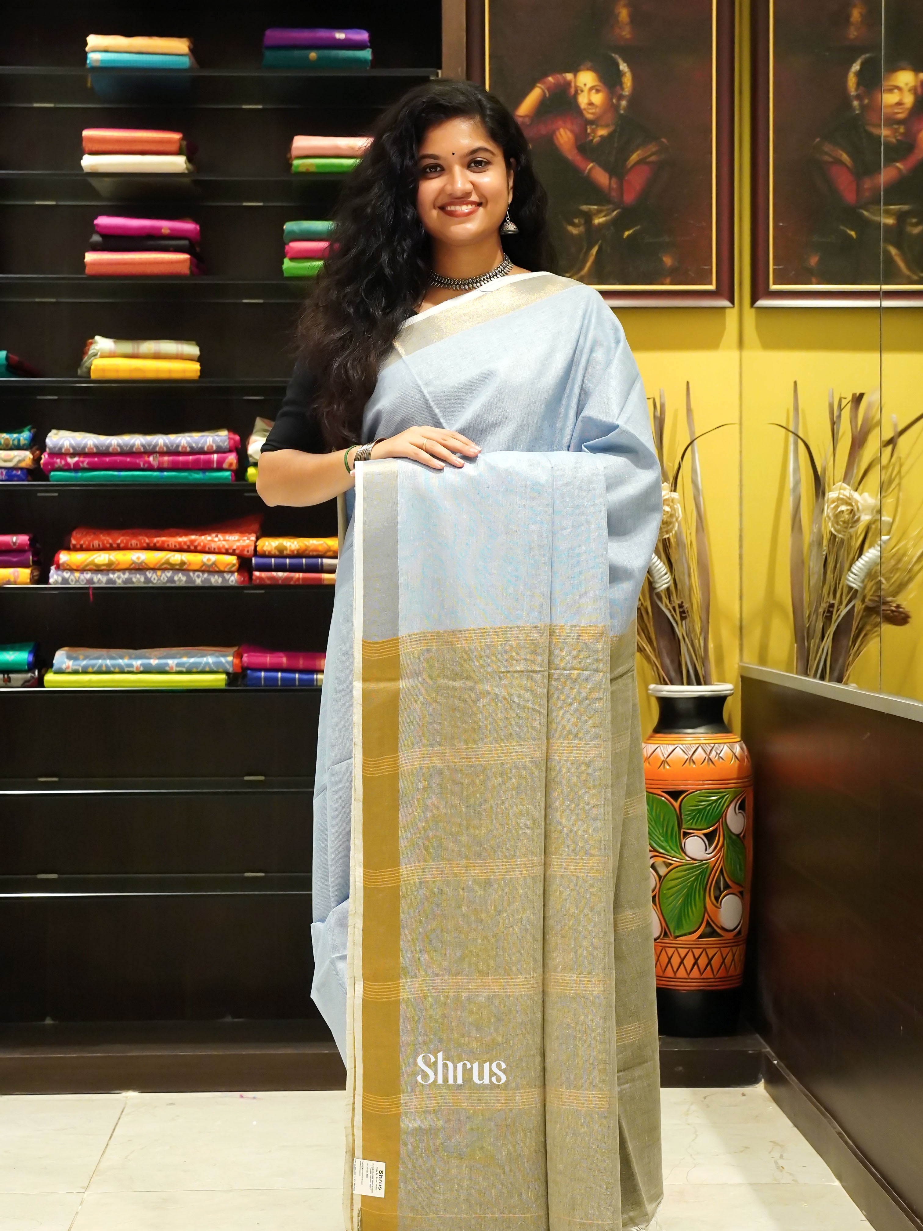 Lite Blue & Grey - Art Linen Saree - Shop on ShrusEternity.com