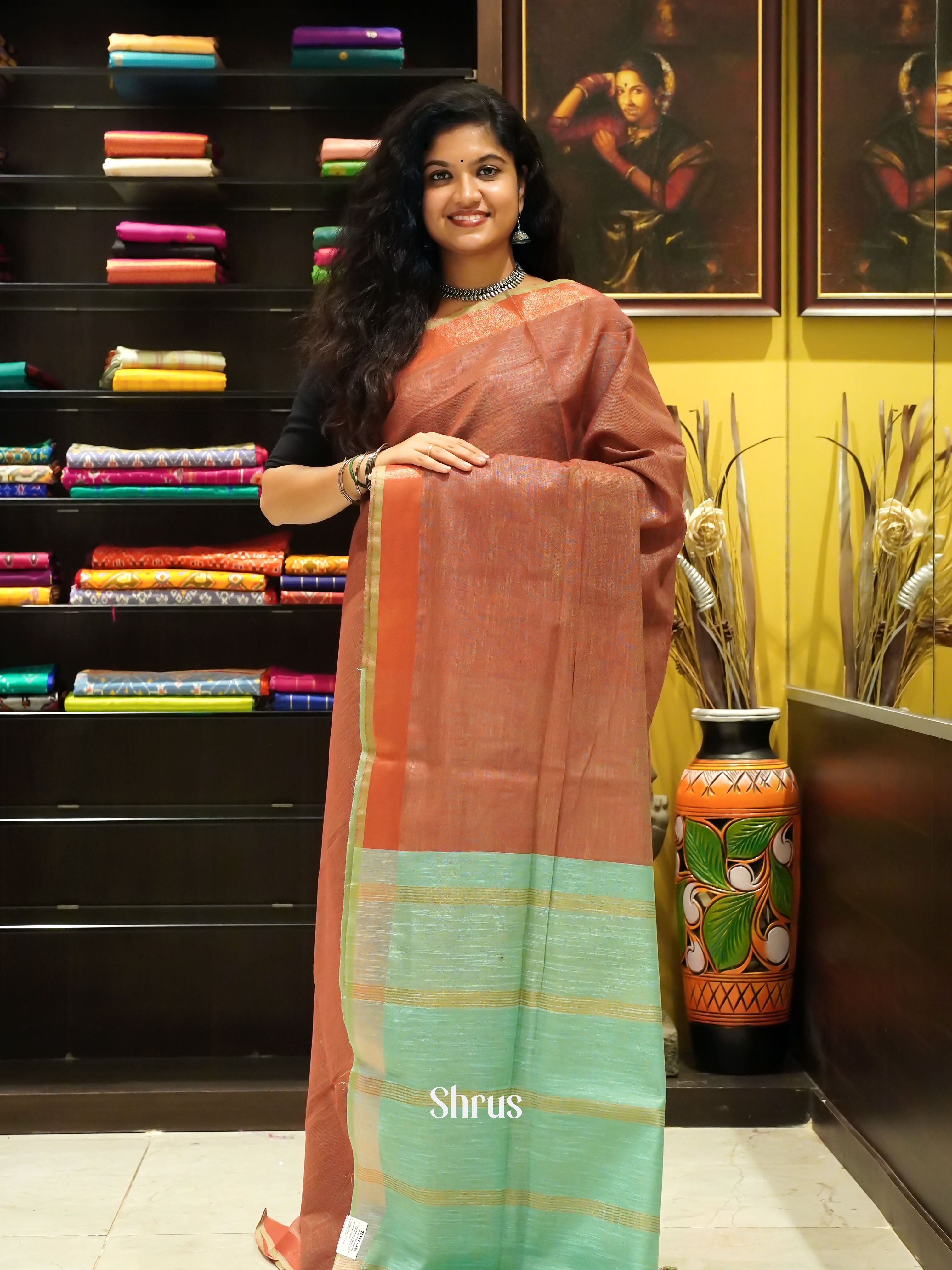 Brown & Green - Art Linen Saree - Shop on ShrusEternity.com