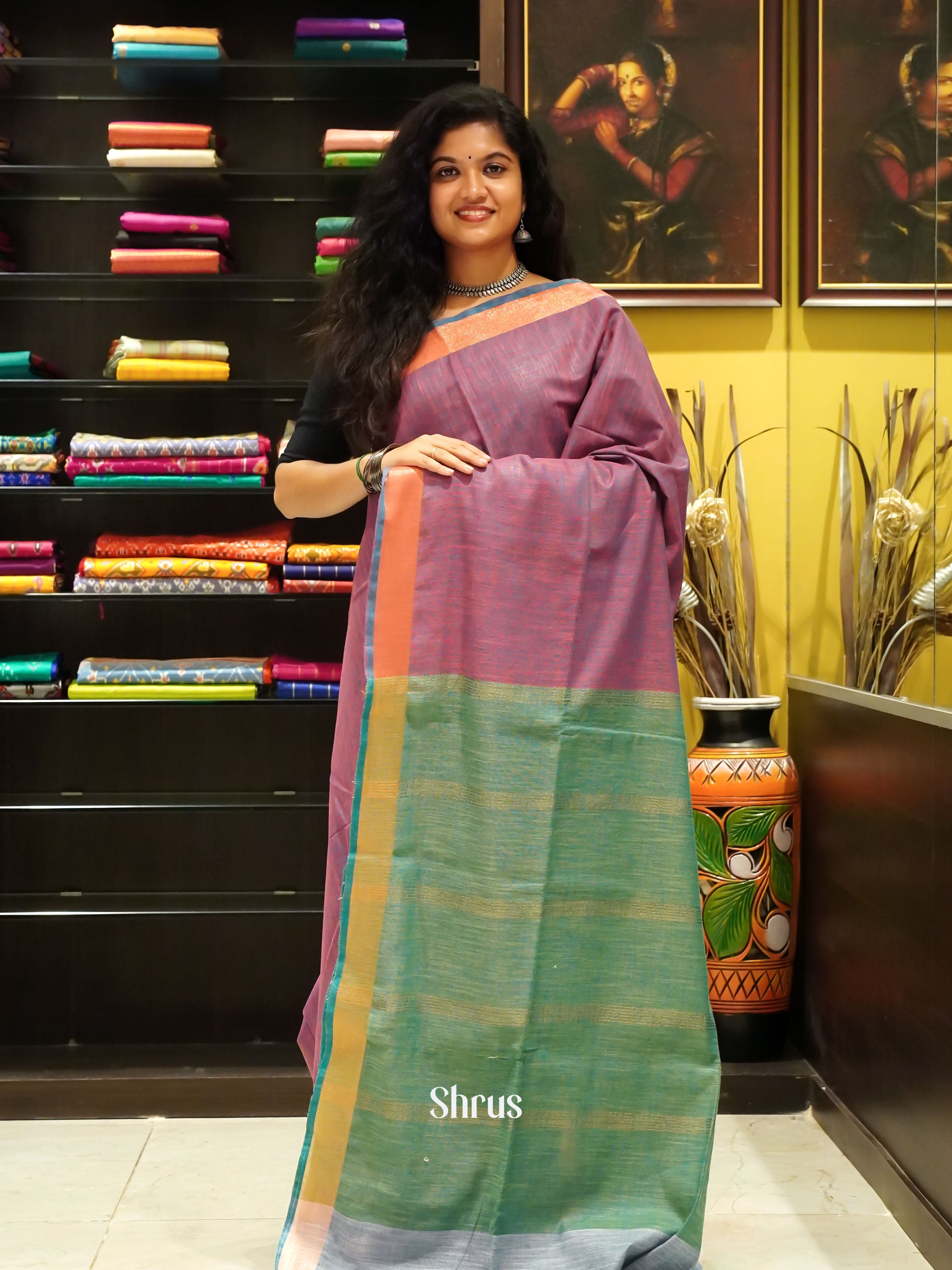 Purple & Green - Art Linen Saree - Shop on ShrusEternity.com