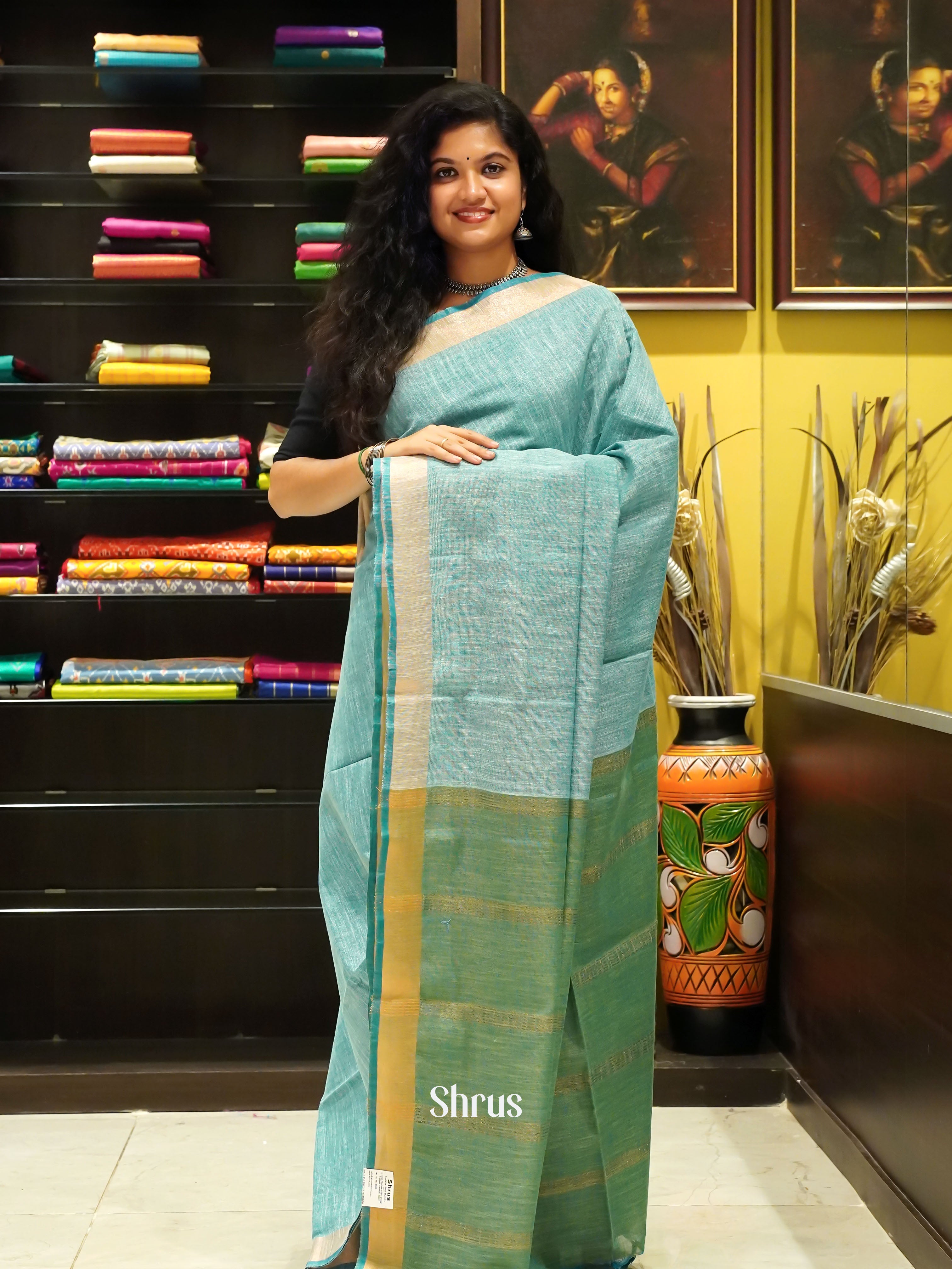 Teal & Green - Art Linen Saree - Shop on ShrusEternity.com