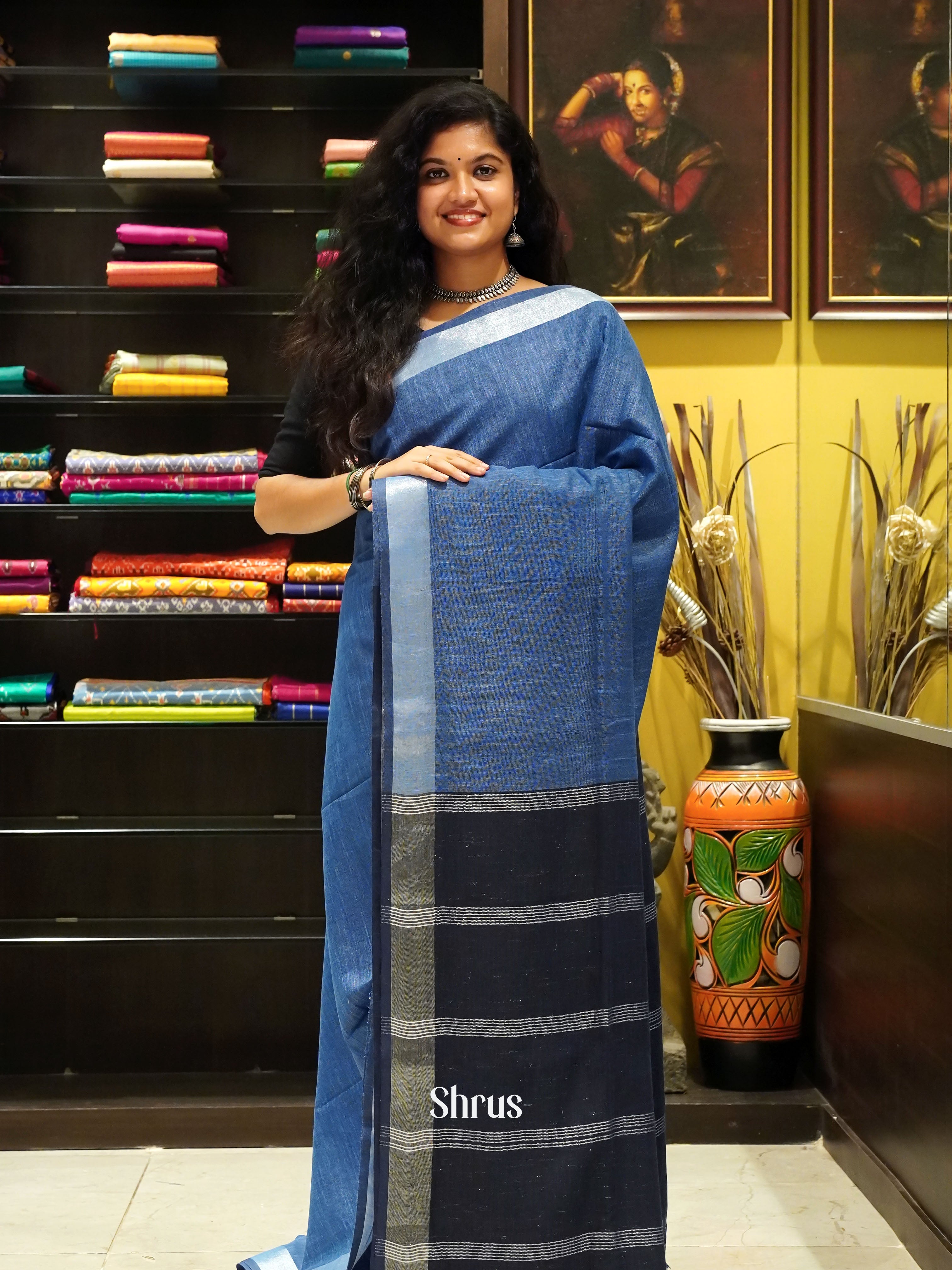 Blue & Navy Blue - Art Linen Saree - Shop on ShrusEternity.com