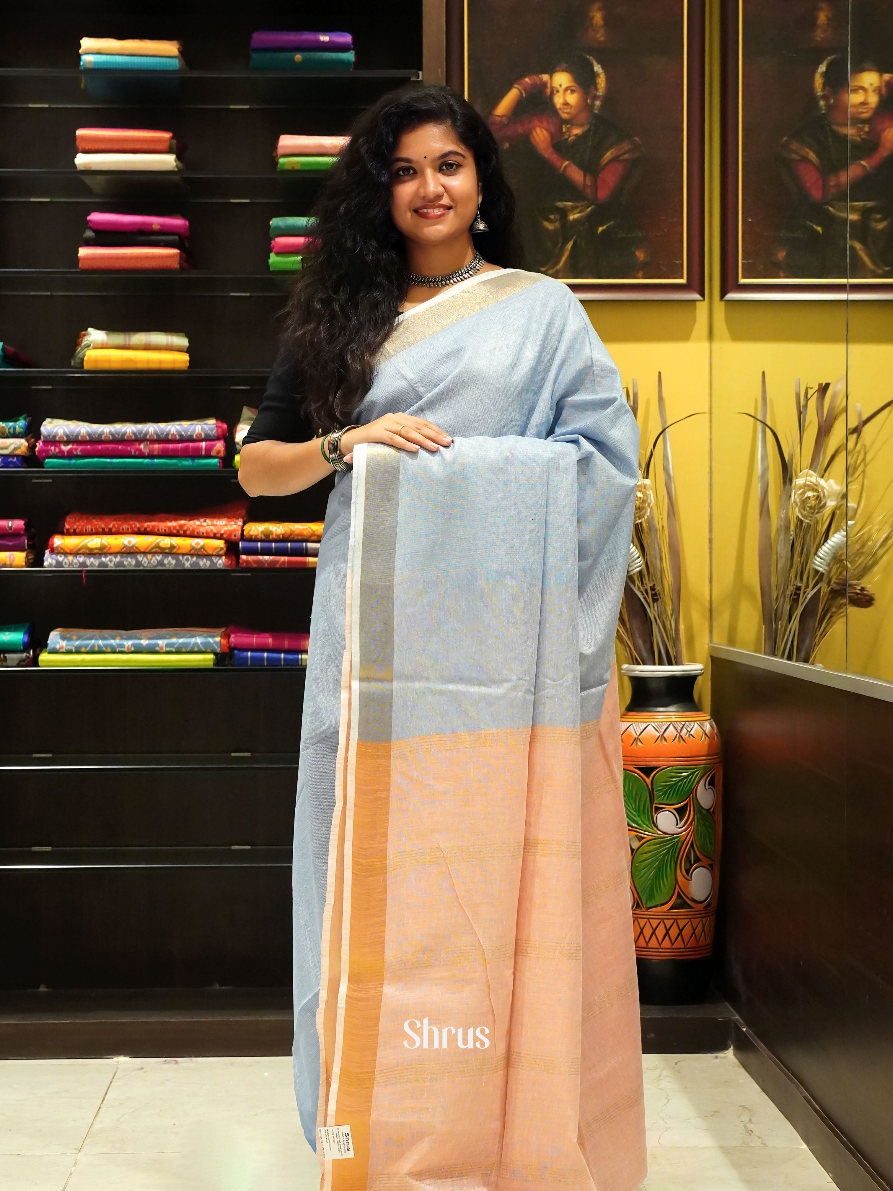 Blue & Peach - Art Linen Saree - Shop on ShrusEternity.com