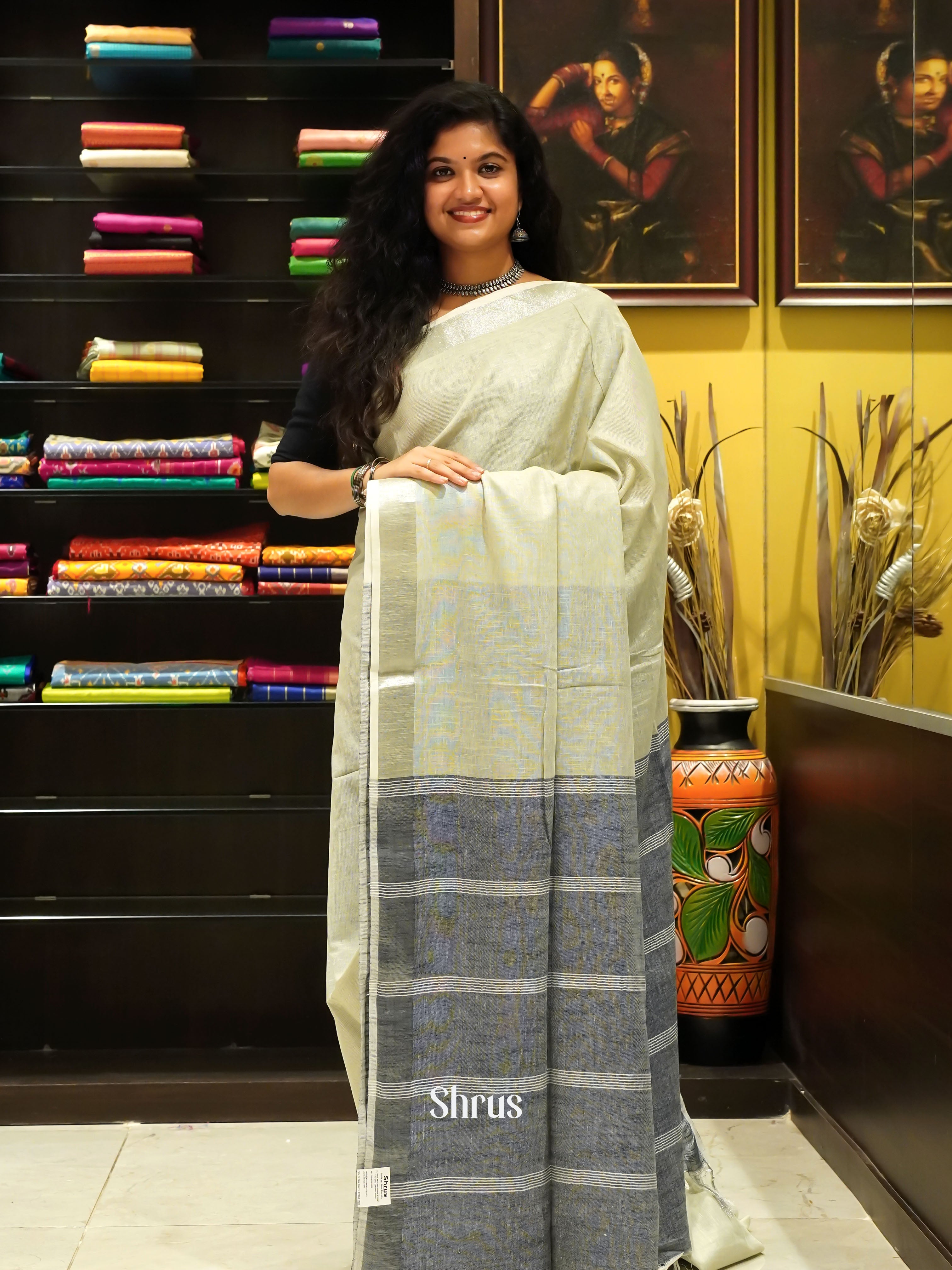 Cream & Grey - Art Linen Saree - Shop on ShrusEternity.com