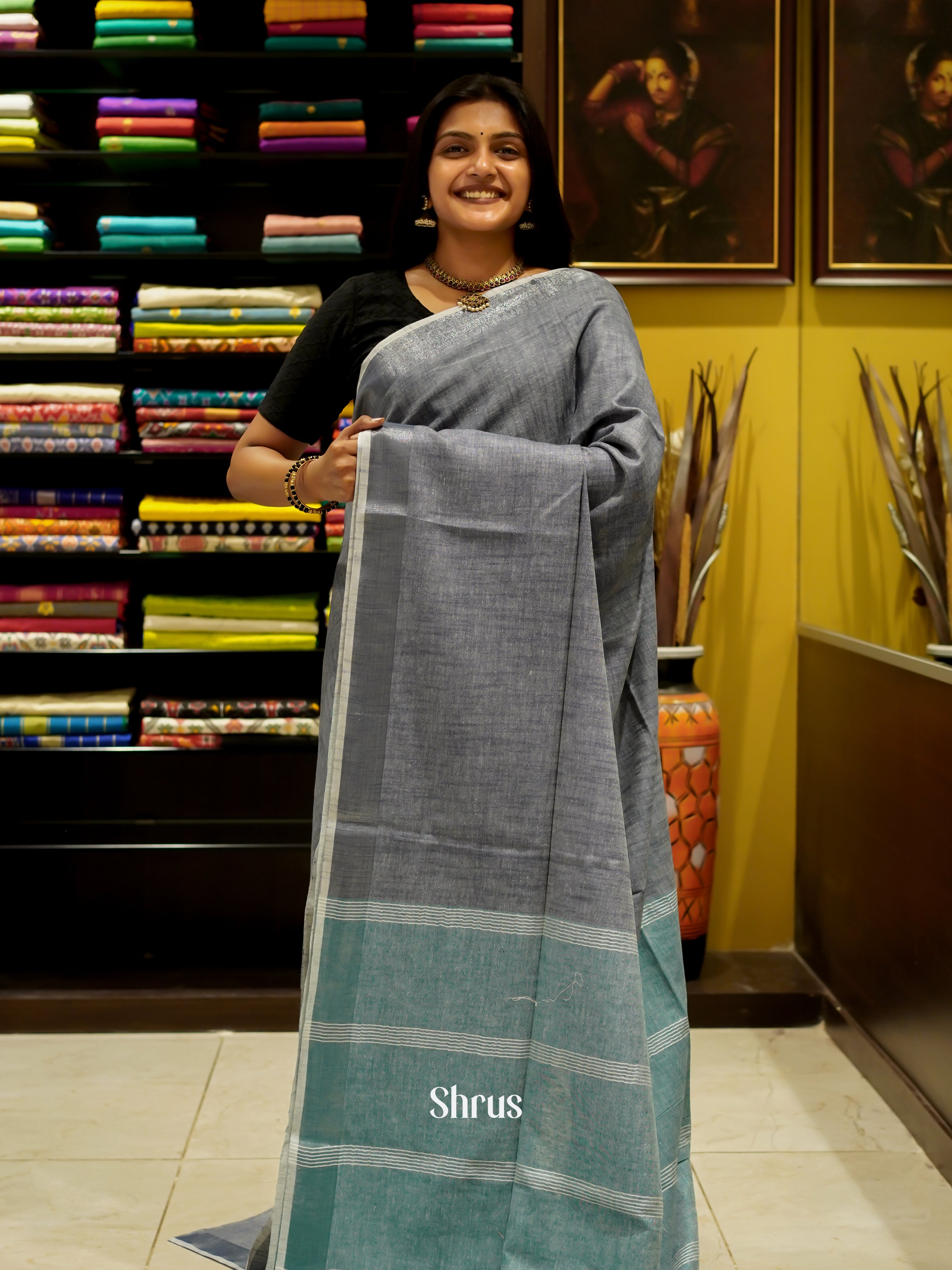 Grey & Blue - Art Linen Saree - Shop on ShrusEternity.com