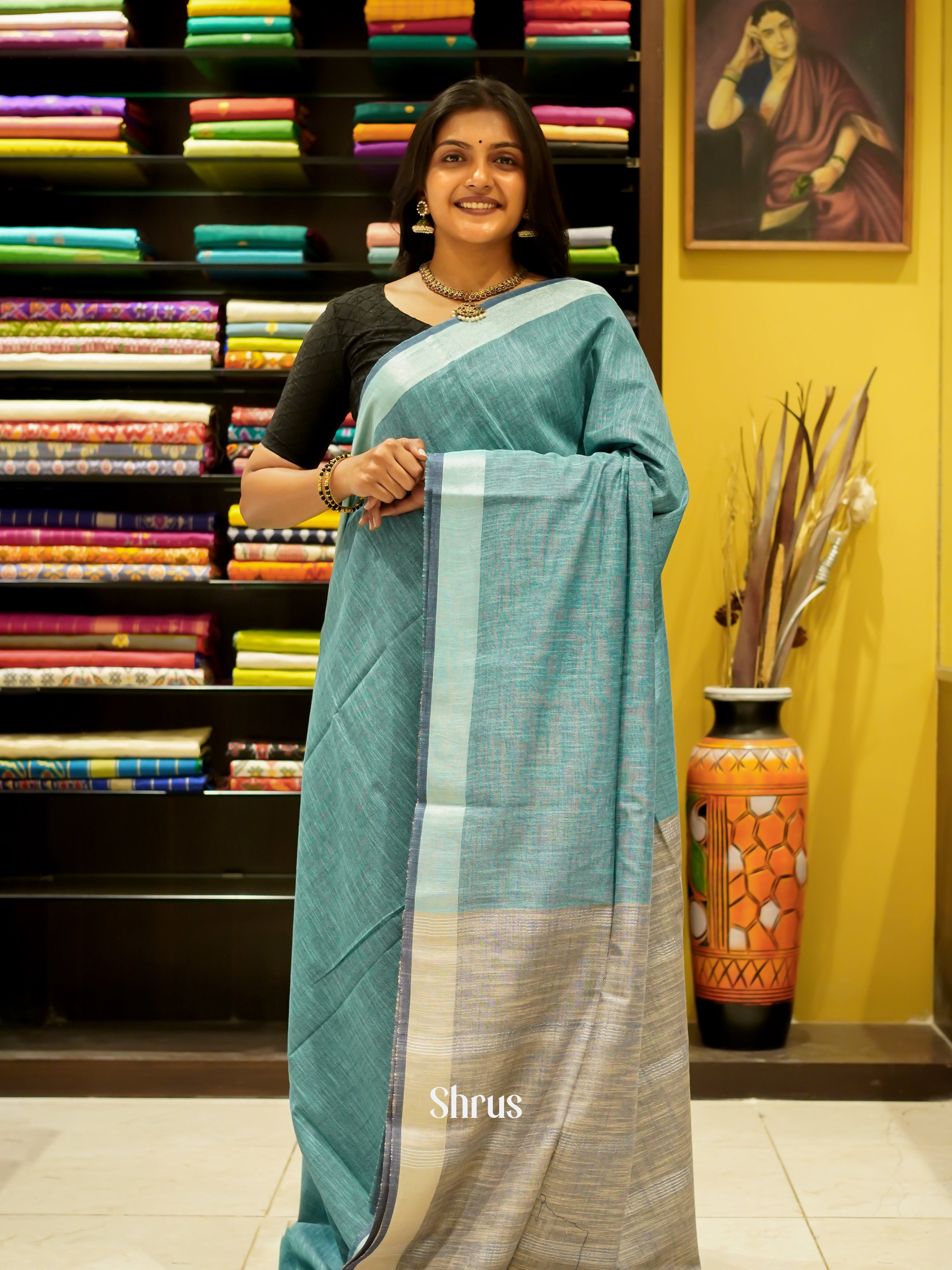 Blue & Grey - Art Linen Saree - Shop on ShrusEternity.com