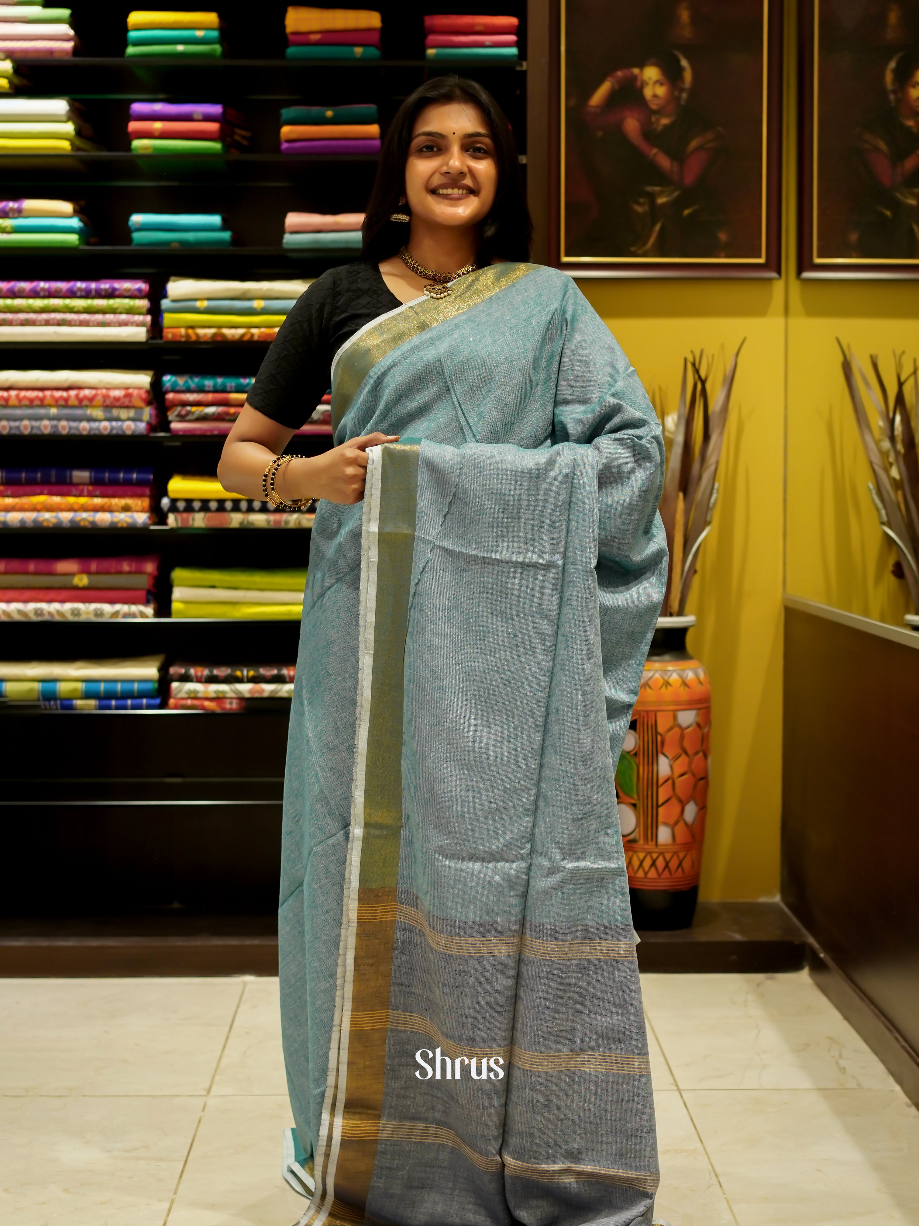 Blue & Grey - Art Linen Saree - Shop on ShrusEternity.com