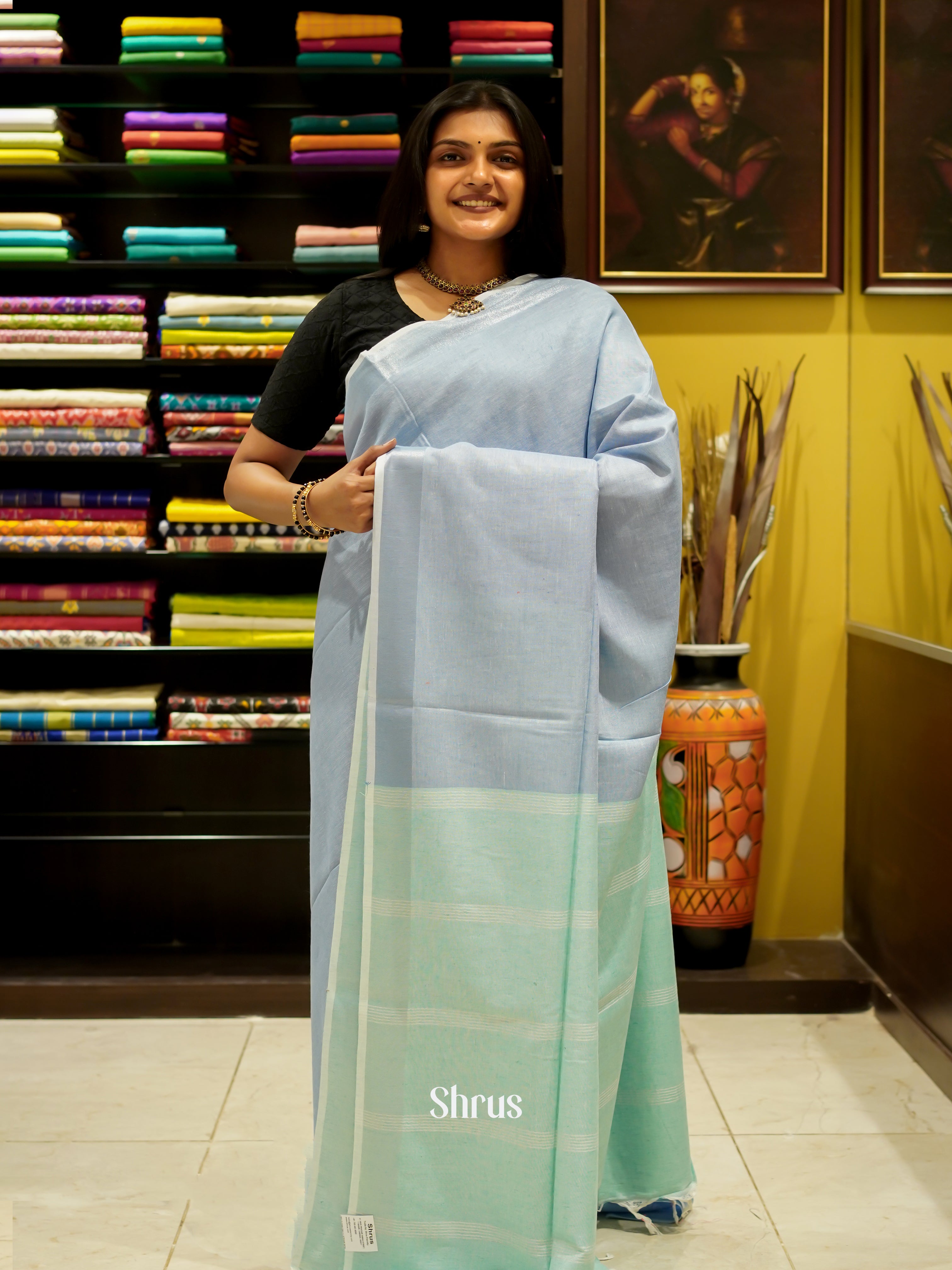 Blue & Green - Art Linen Saree - Shop on ShrusEternity.com