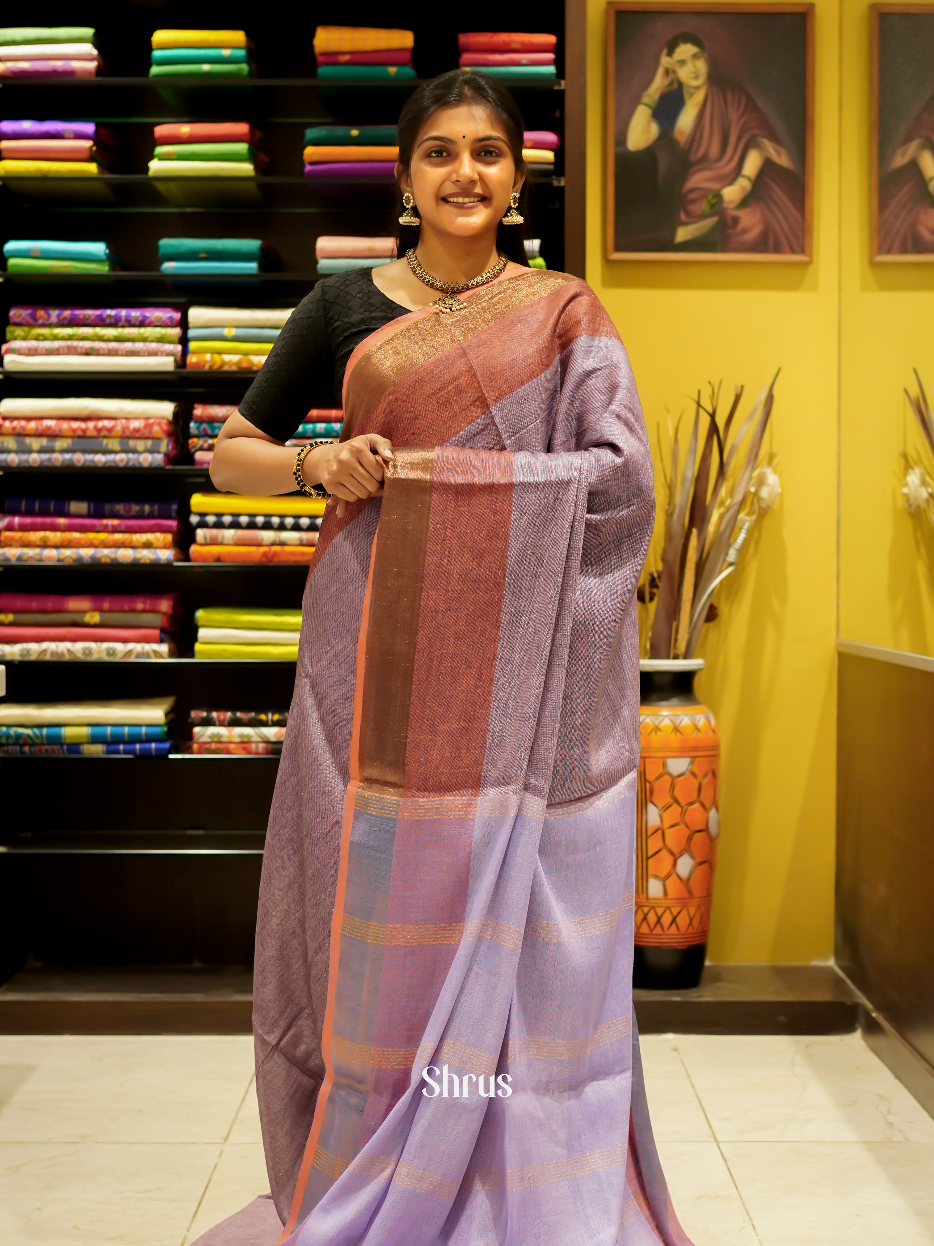 Lavender & Brown - Art Linen Saree - Shop on ShrusEternity.com