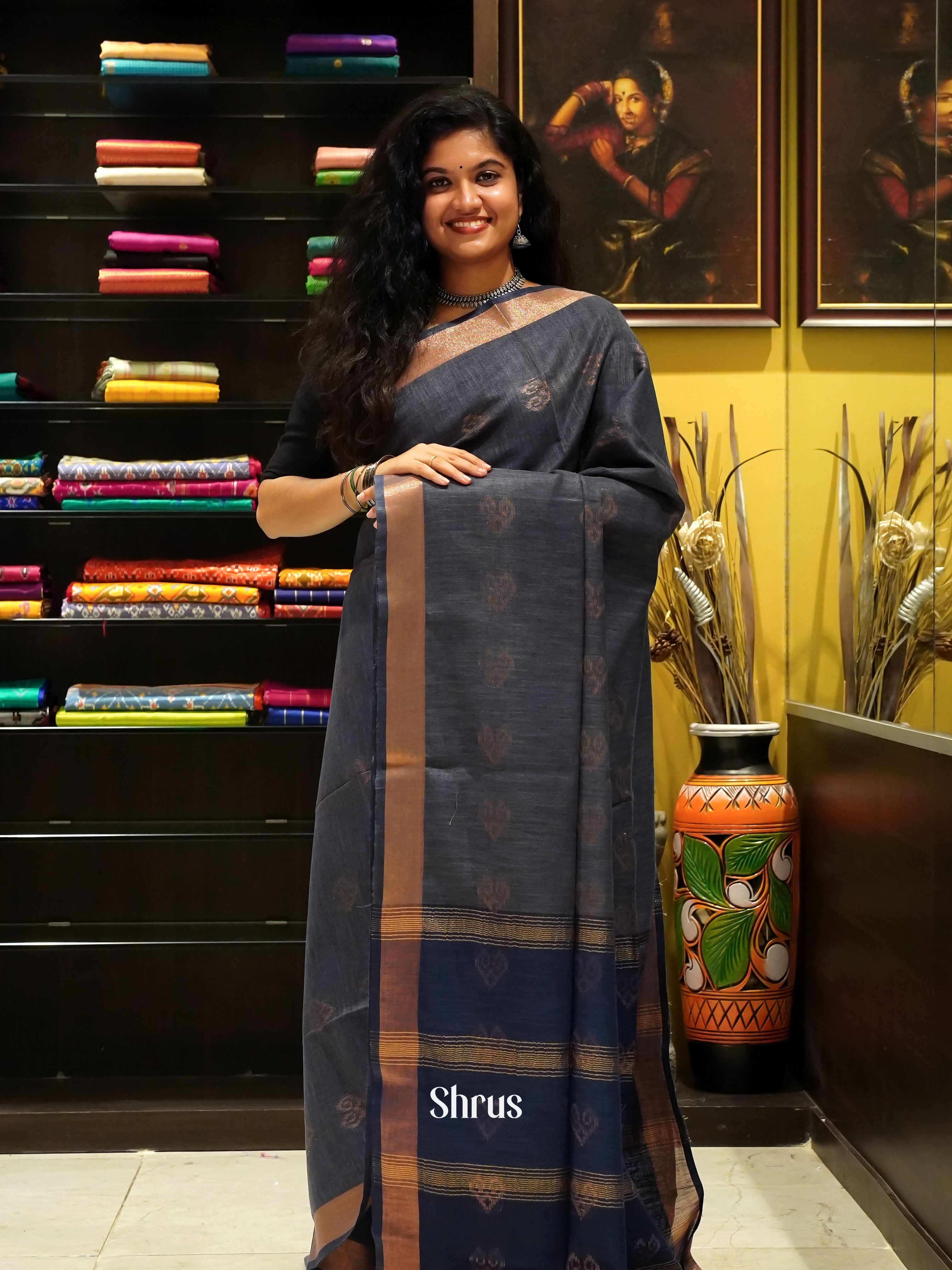 Grey & Blue - Art Linen Saree - Shop on ShrusEternity.com
