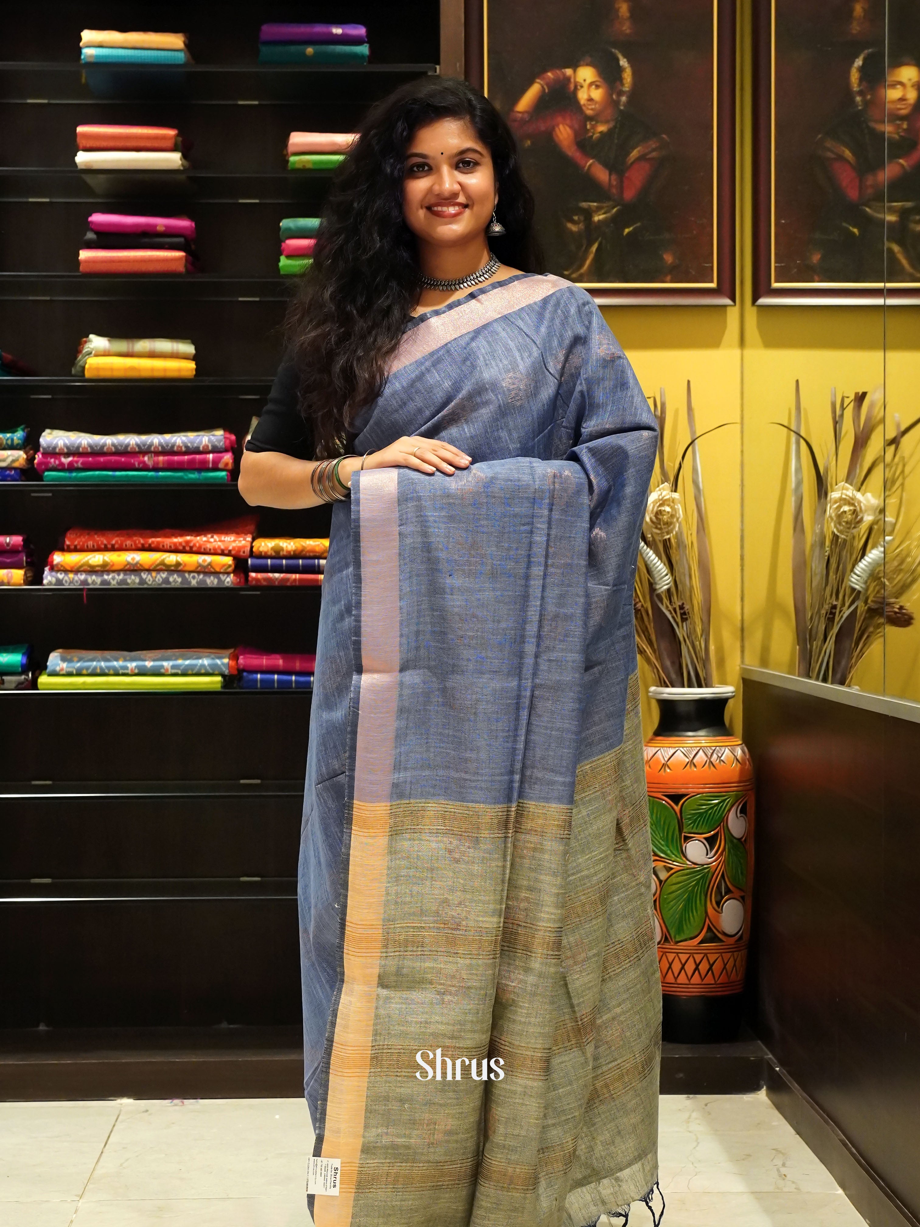Bluish Grey & Grey - Art Linen Saree - Shop on ShrusEternity.com