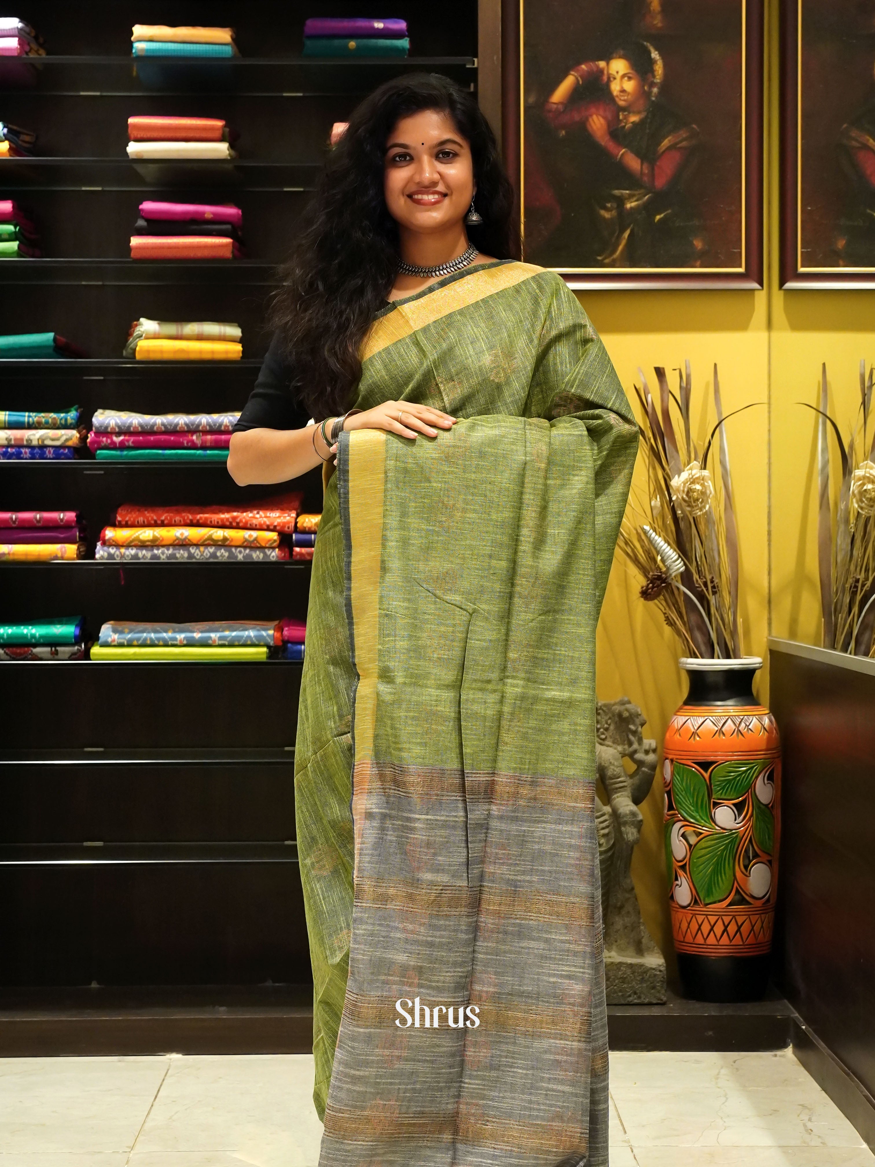 Green & Grey - Art Linen Saree - Shop on ShrusEternity.com