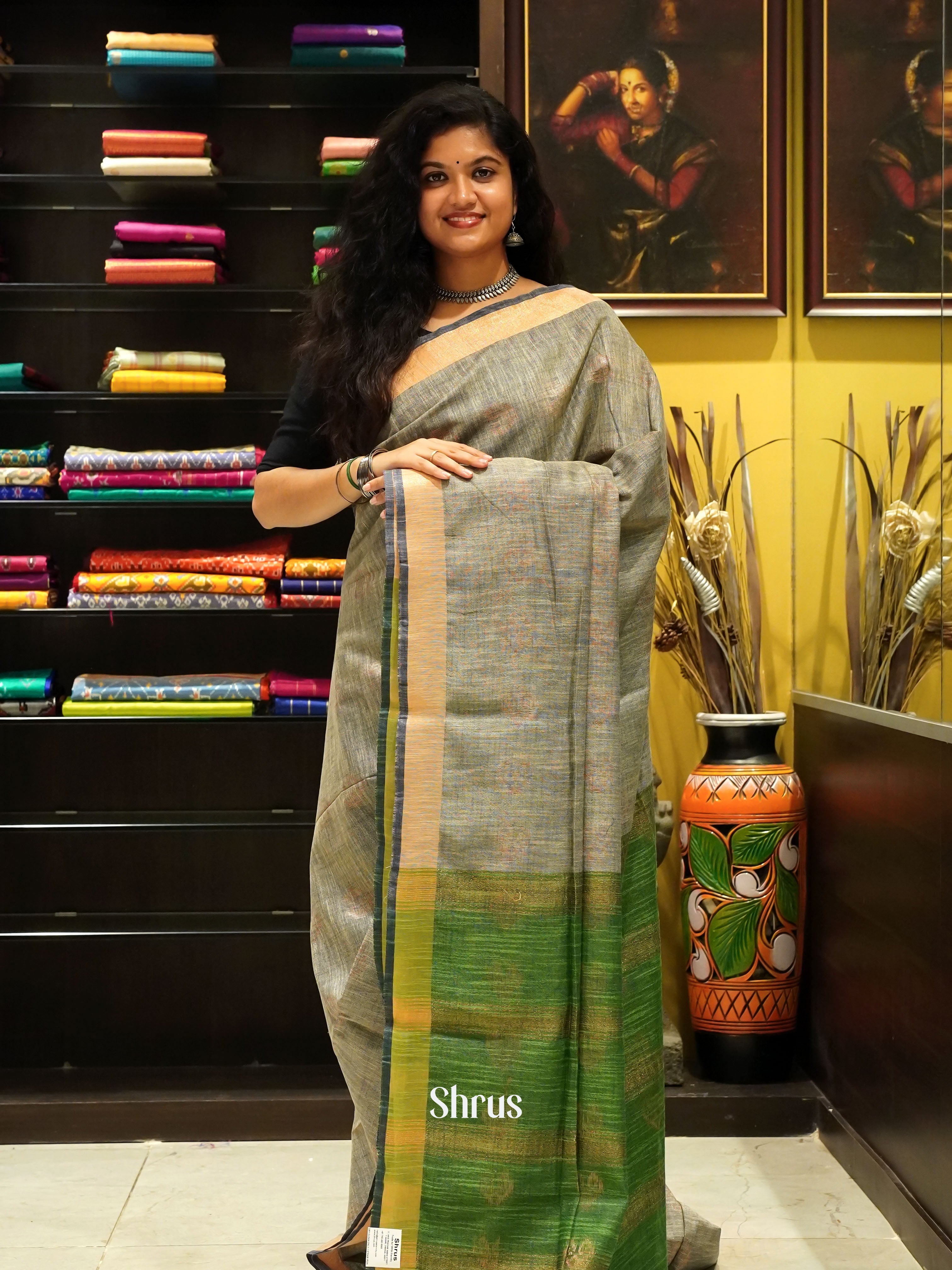 Grey & Green - Art Linen Saree - Shop on ShrusEternity.com