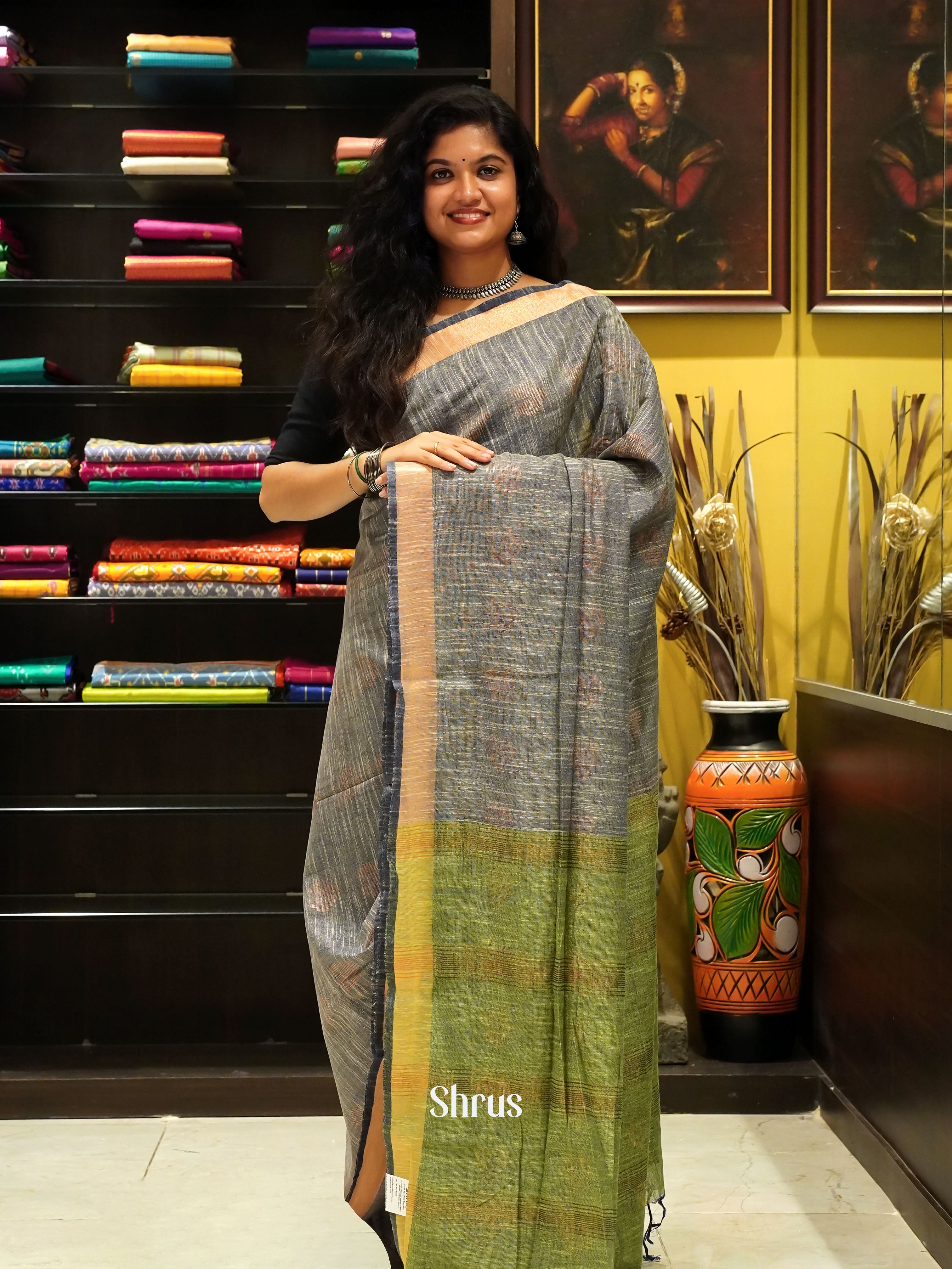 Grey & Green - Art Linen Saree - Shop on ShrusEternity.com