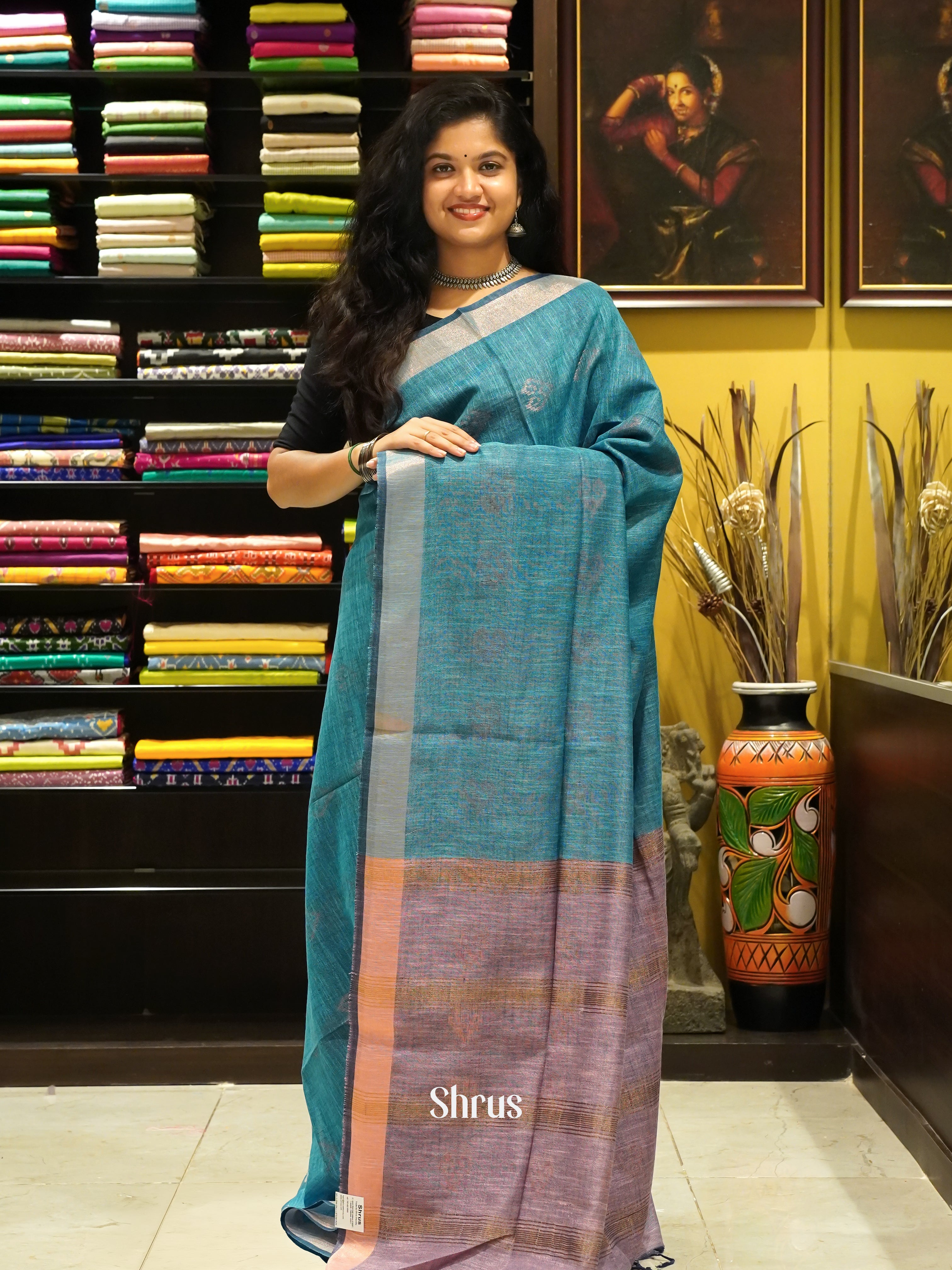 Blue & Lavender -Art linen Saree - Shop on ShrusEternity.com