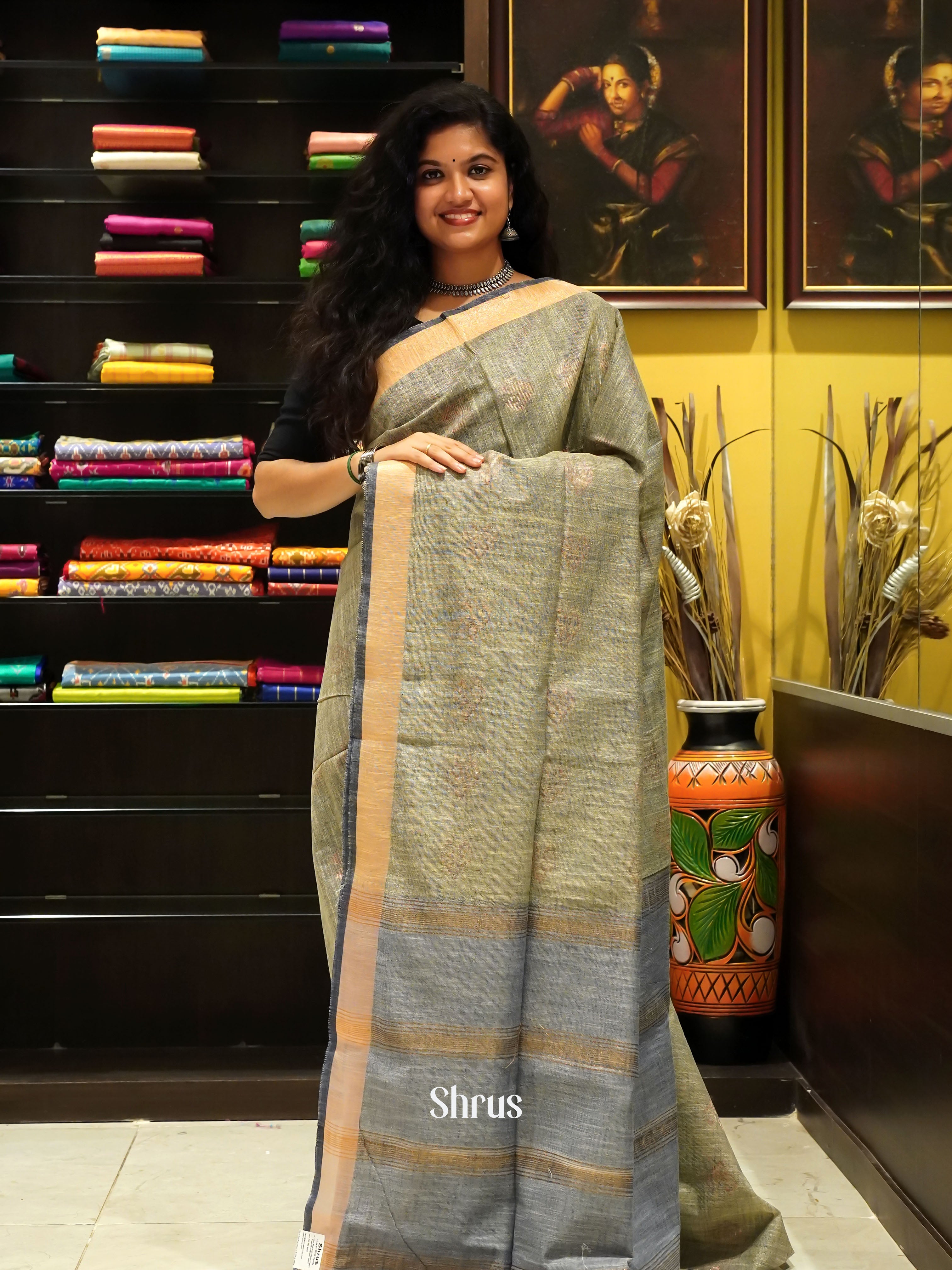 Grey & Blue - Art Linen Saree - Shop on ShrusEternity.com