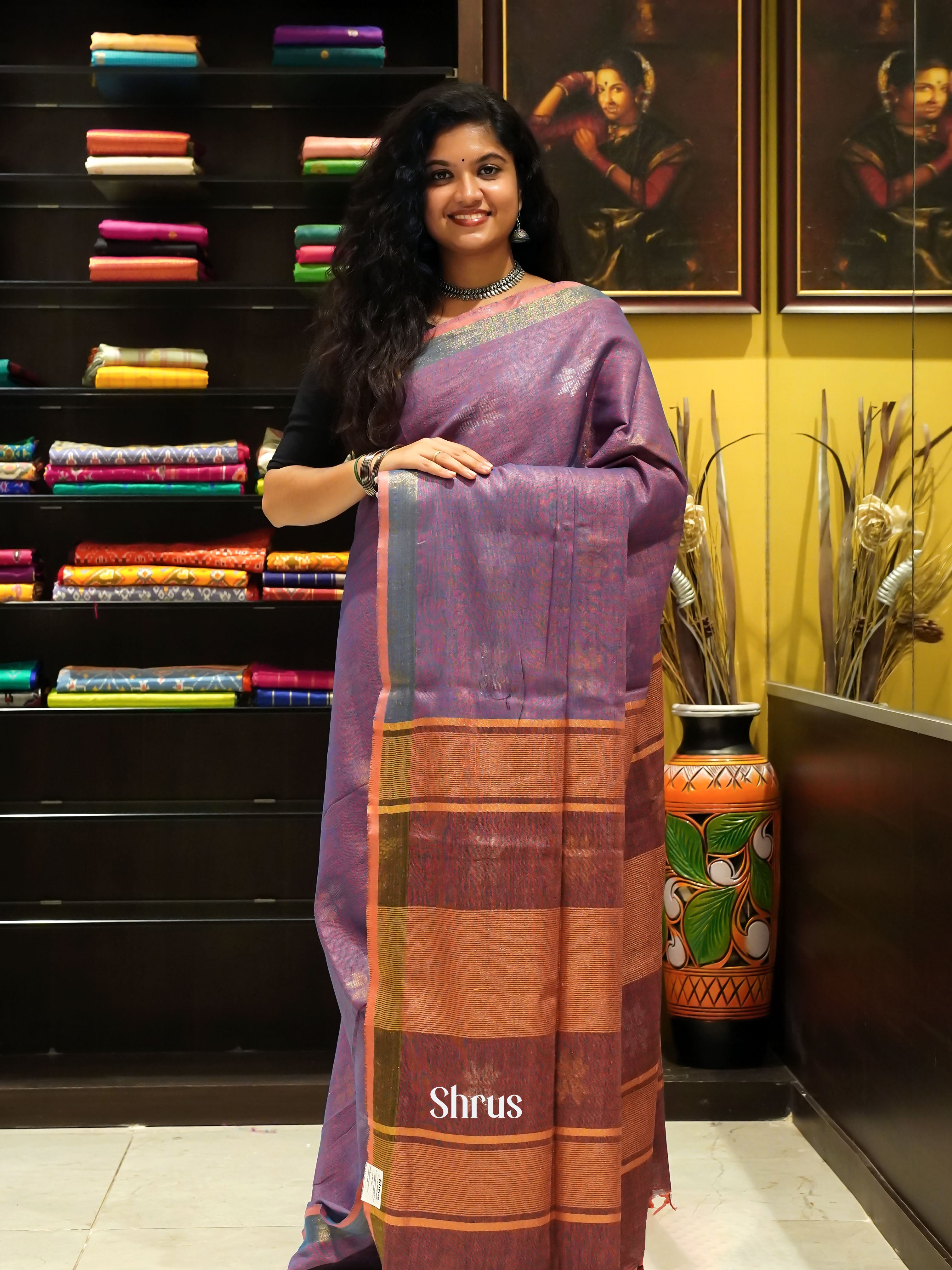 Purple & Brown - Art Linen Saree - Shop on ShrusEternity.com
