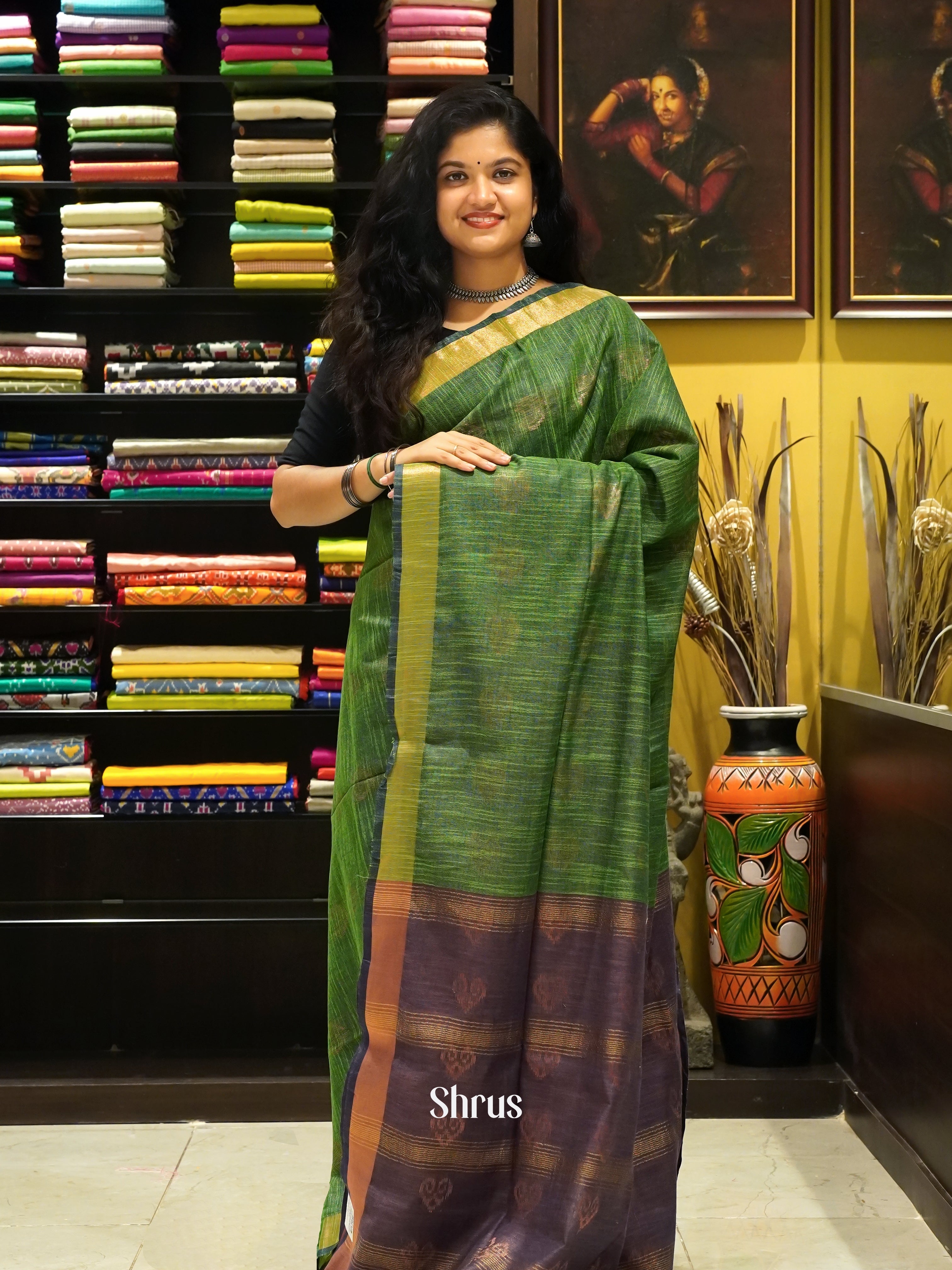Green & Purple -Art linen Saree - Shop on ShrusEternity.com