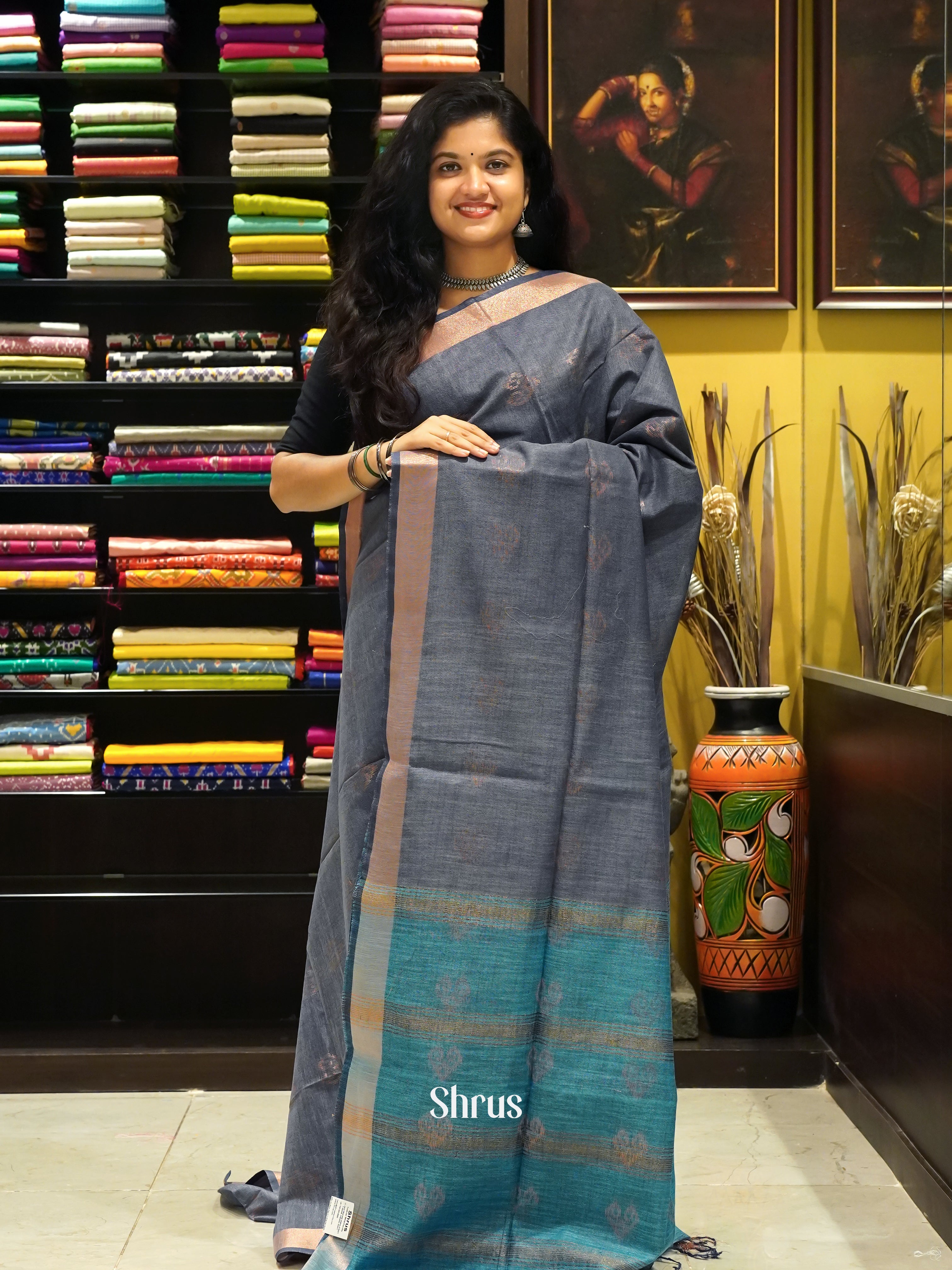 Grey & Blue -Art linen Saree - Shop on ShrusEternity.com