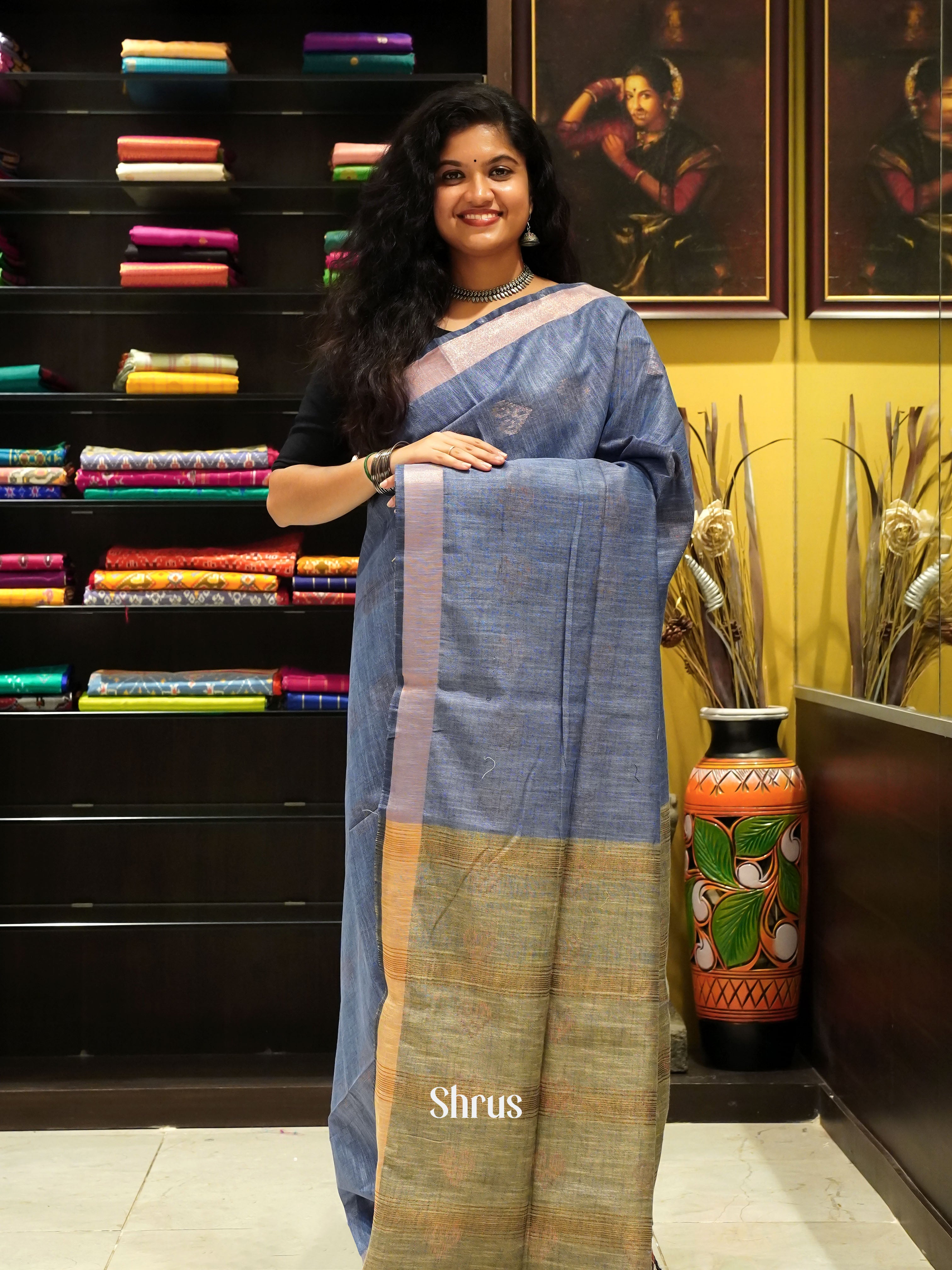 Blue & Grey- Art Linen Saree - Shop on ShrusEternity.com
