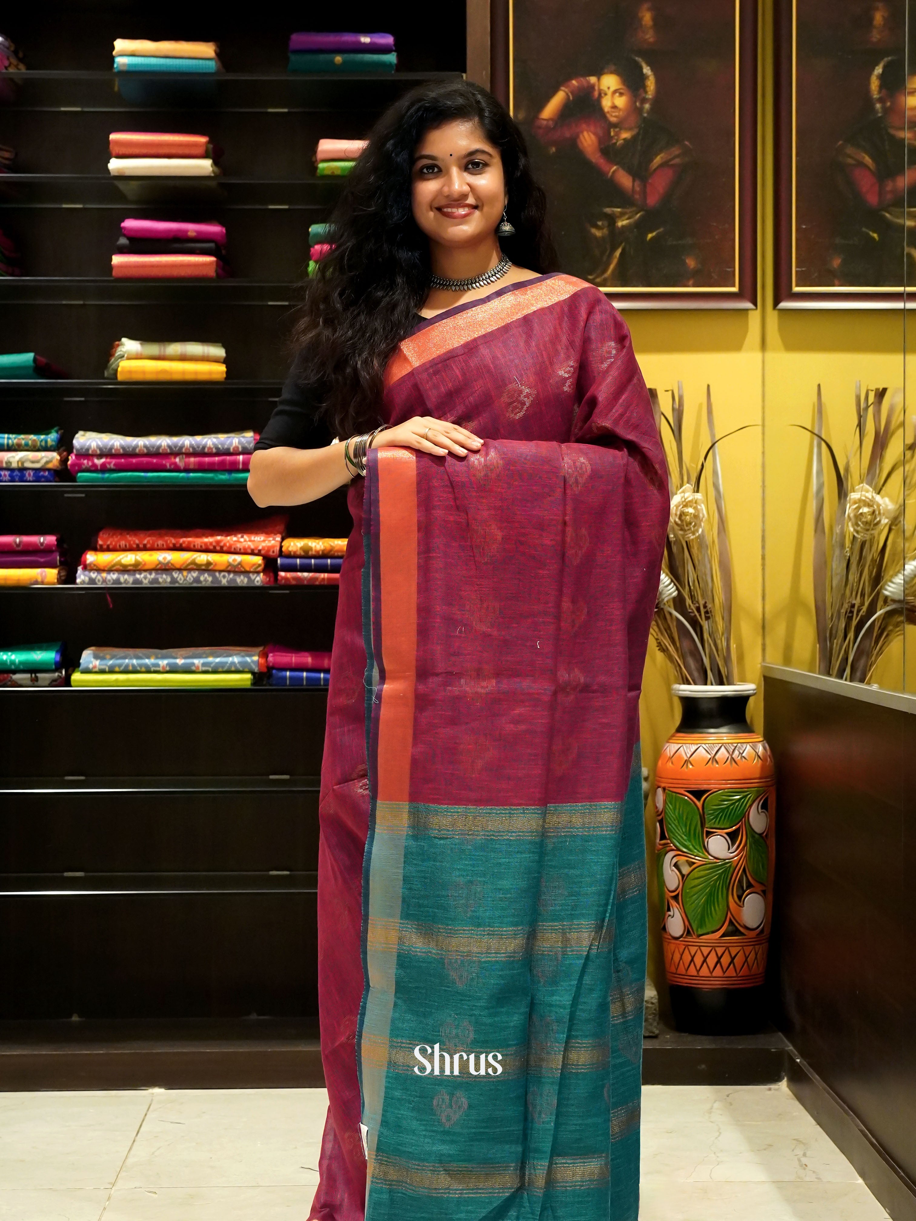 Maroon & Green - Art Linen Saree - Shop on ShrusEternity.com