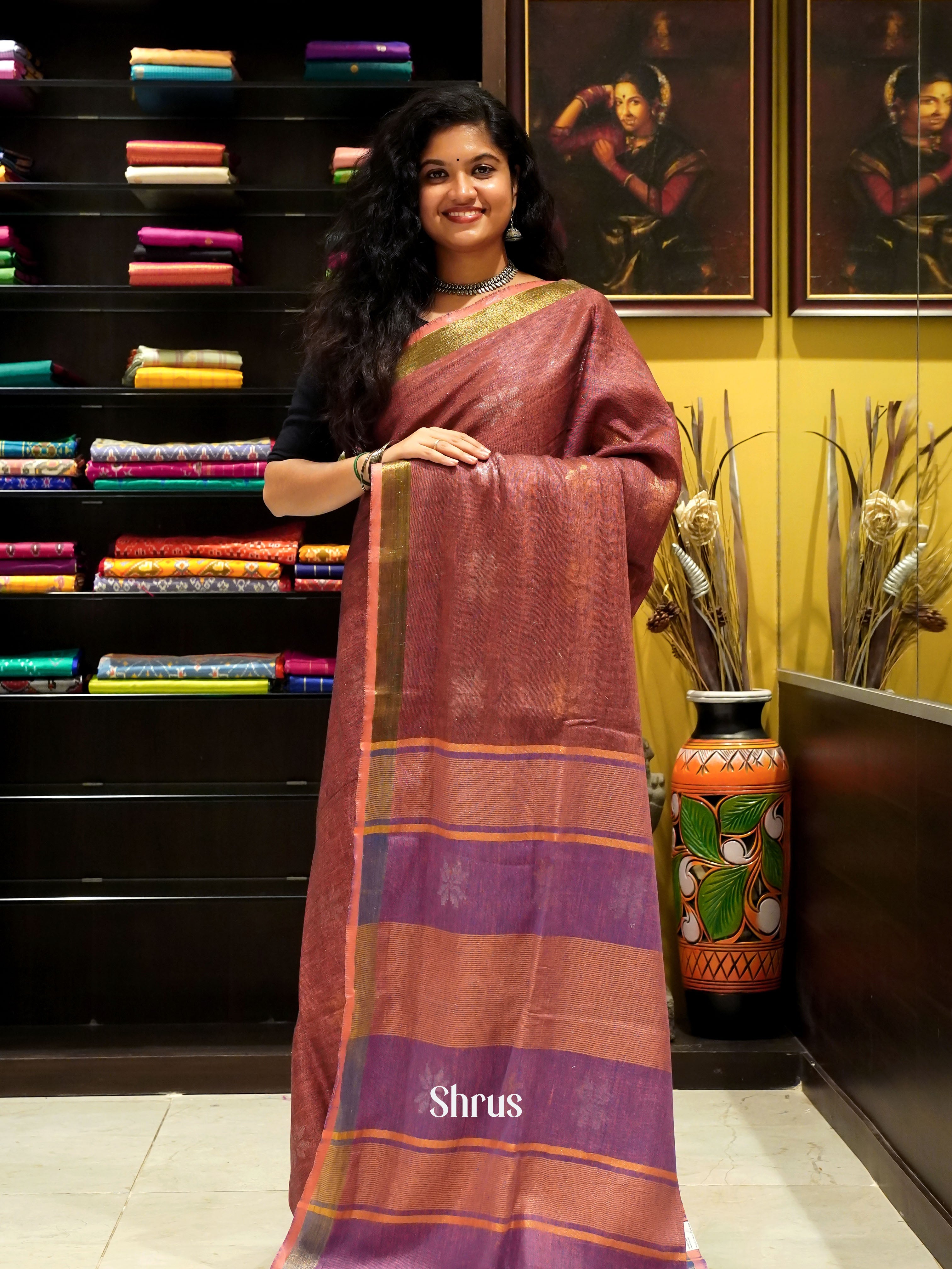 Brown & Purple - Art Linen Saree - Shop on ShrusEternity.com