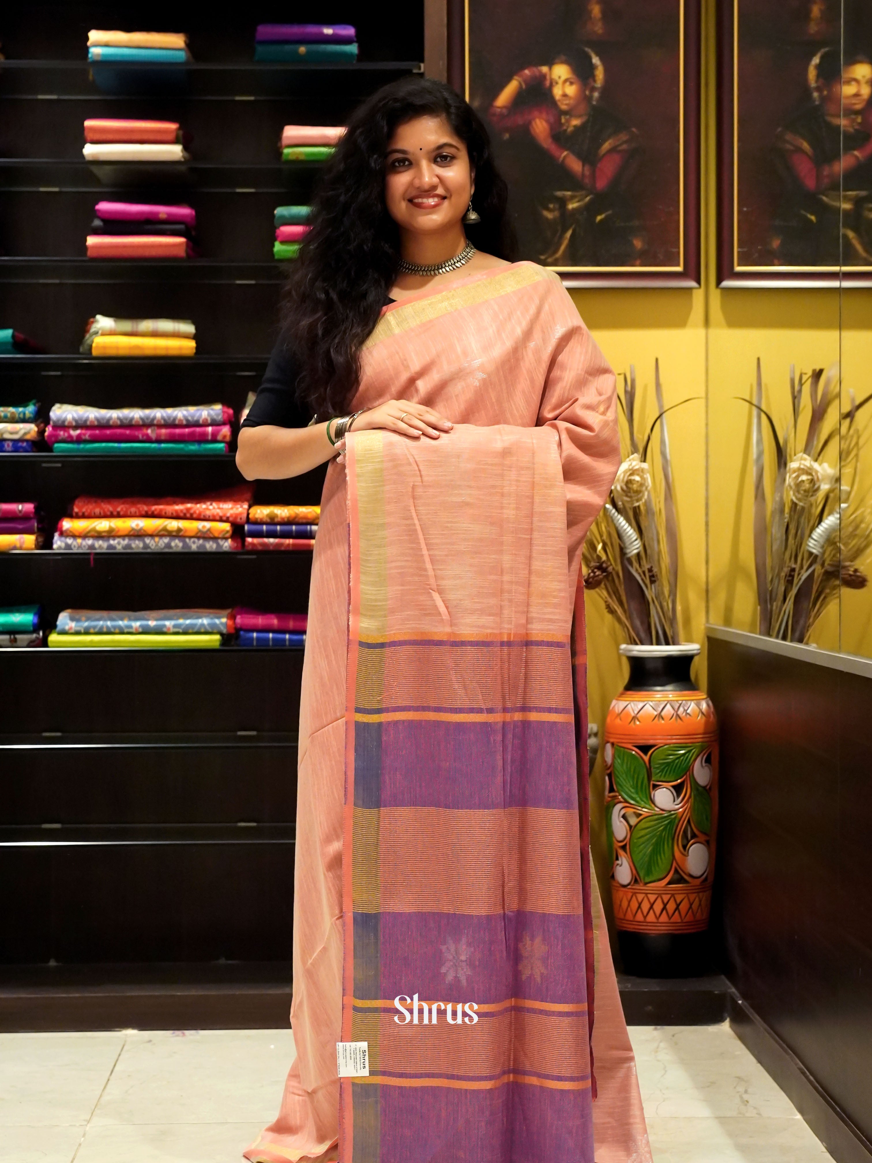 Peach & Purple - Art Linen Saree - Shop on ShrusEternity.com