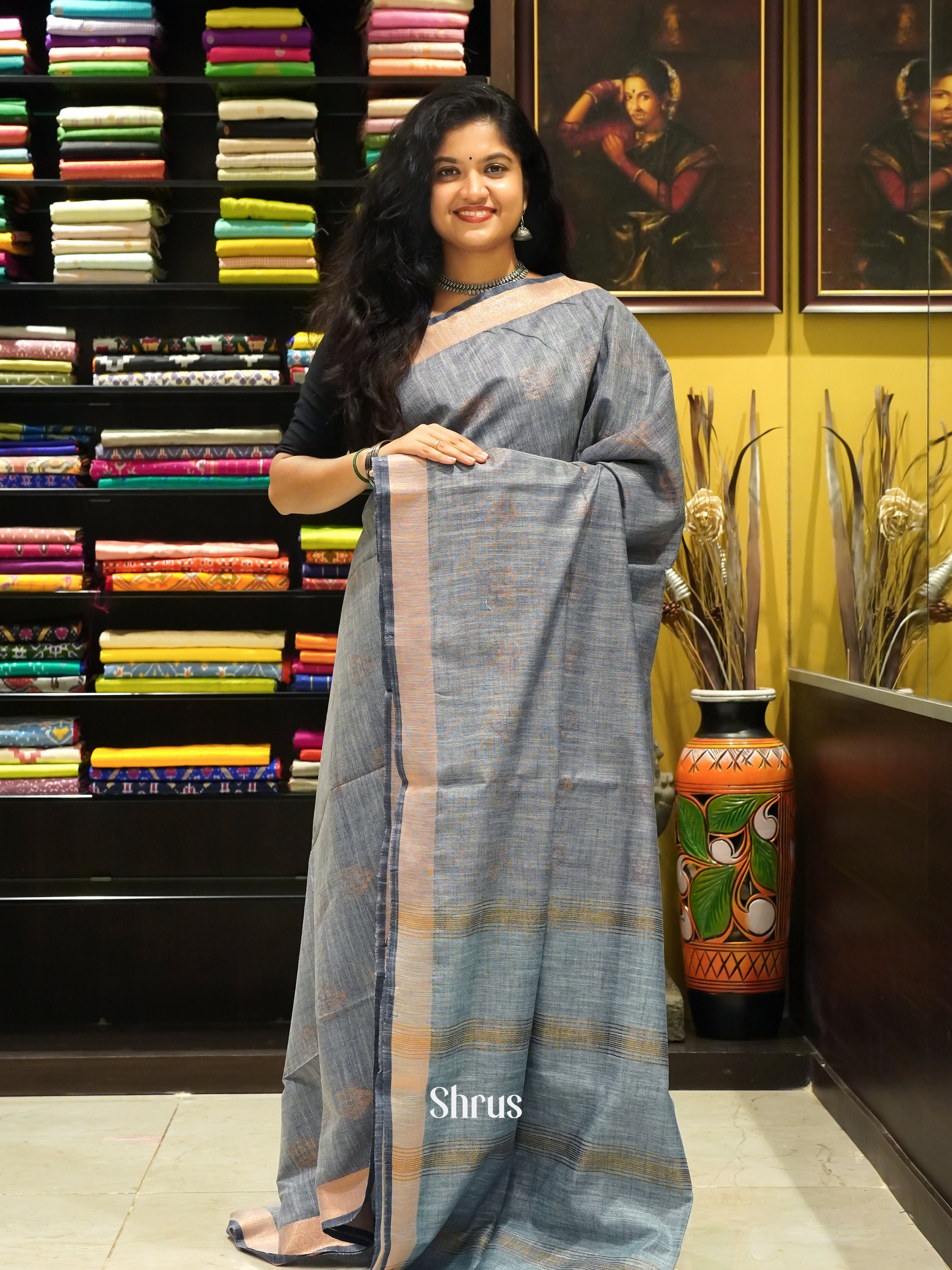 Grey -Art linen Saree - Shop on ShrusEternity.com