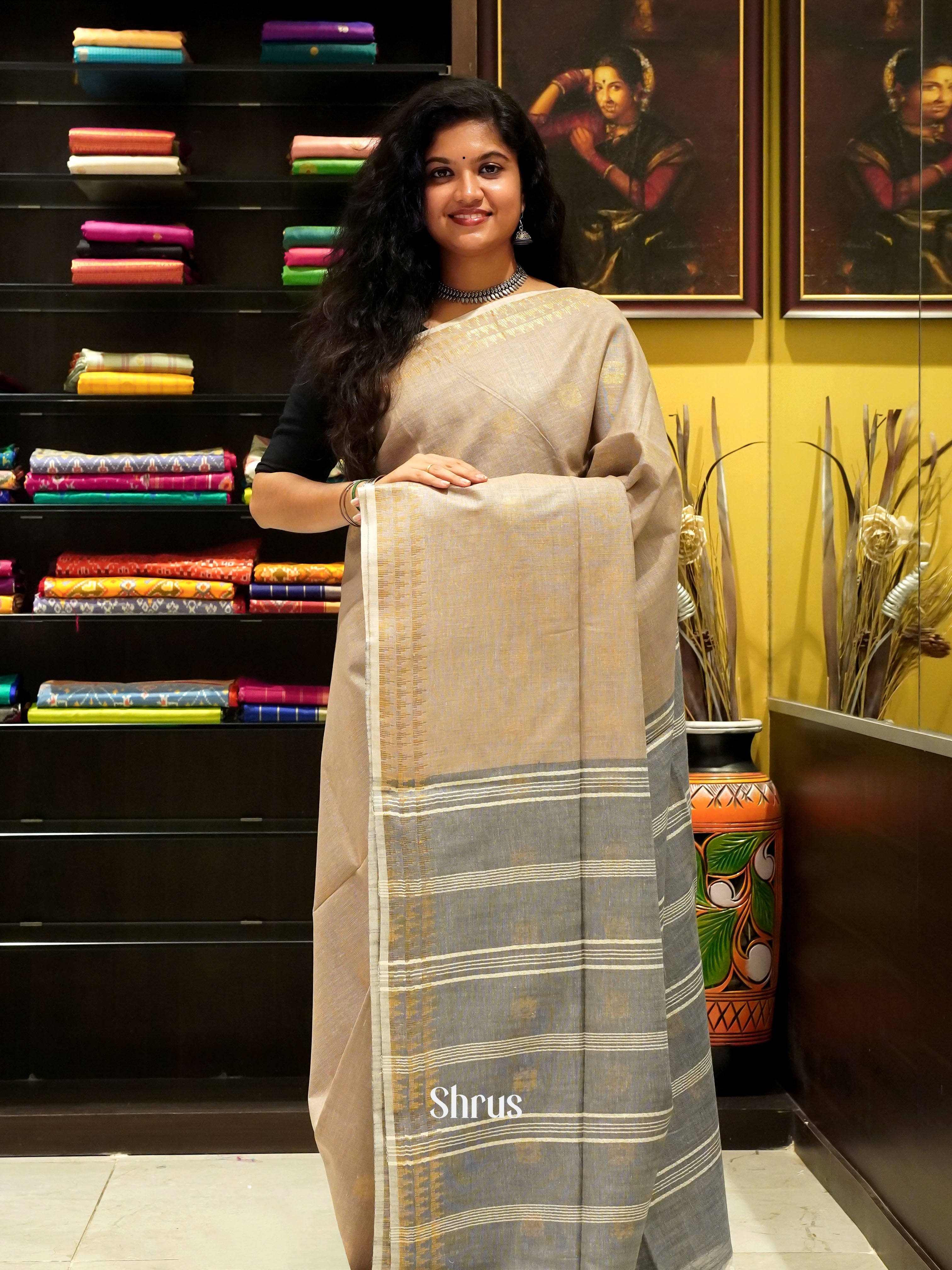 Lite Brown & Grey - Art Linen Saree - Shop on ShrusEternity.com
