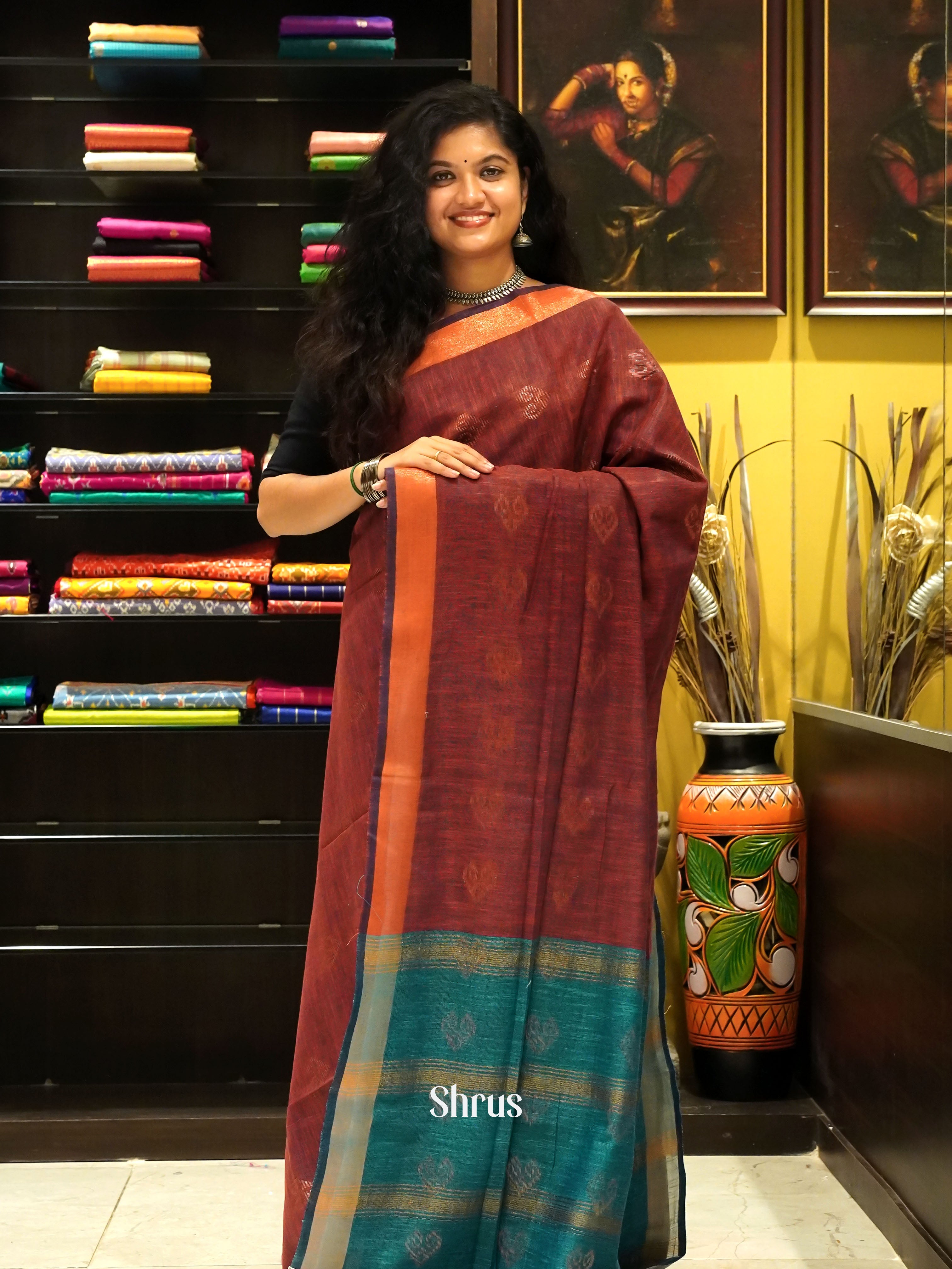 brown & Green - Art Linen Saree - Shop on ShrusEternity.com