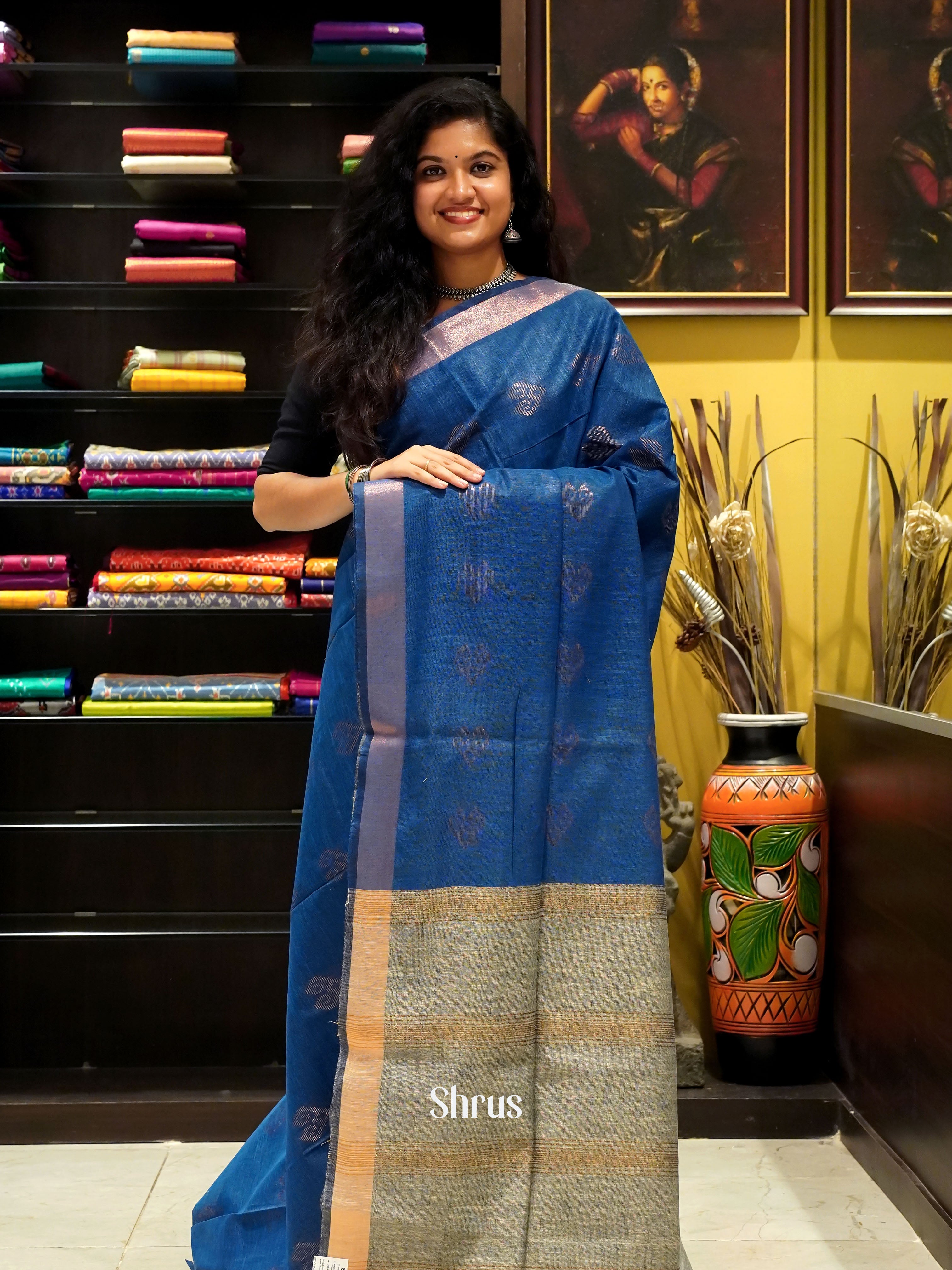 Blue & Grey - Art Linen Saree - Shop on ShrusEternity.com