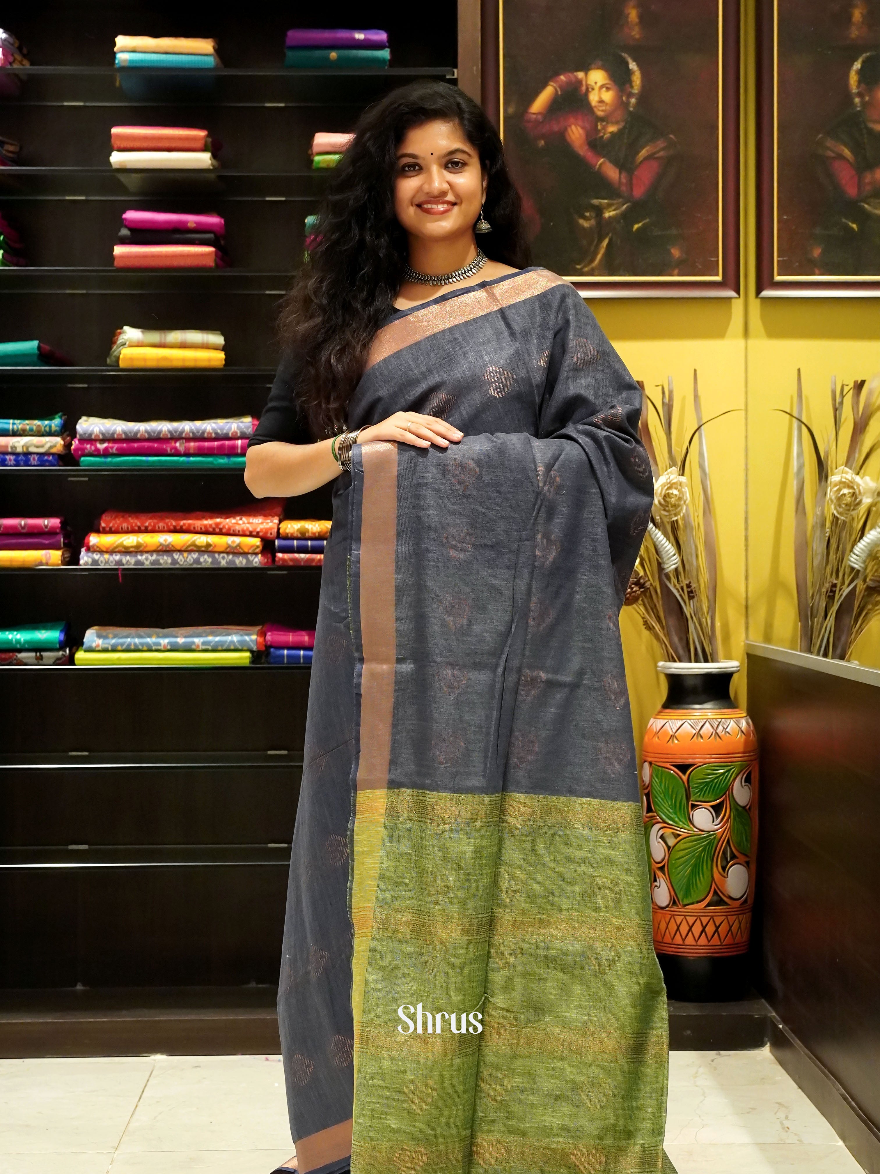 Grey & Green - Art Linen Saree - Shop on ShrusEternity.com