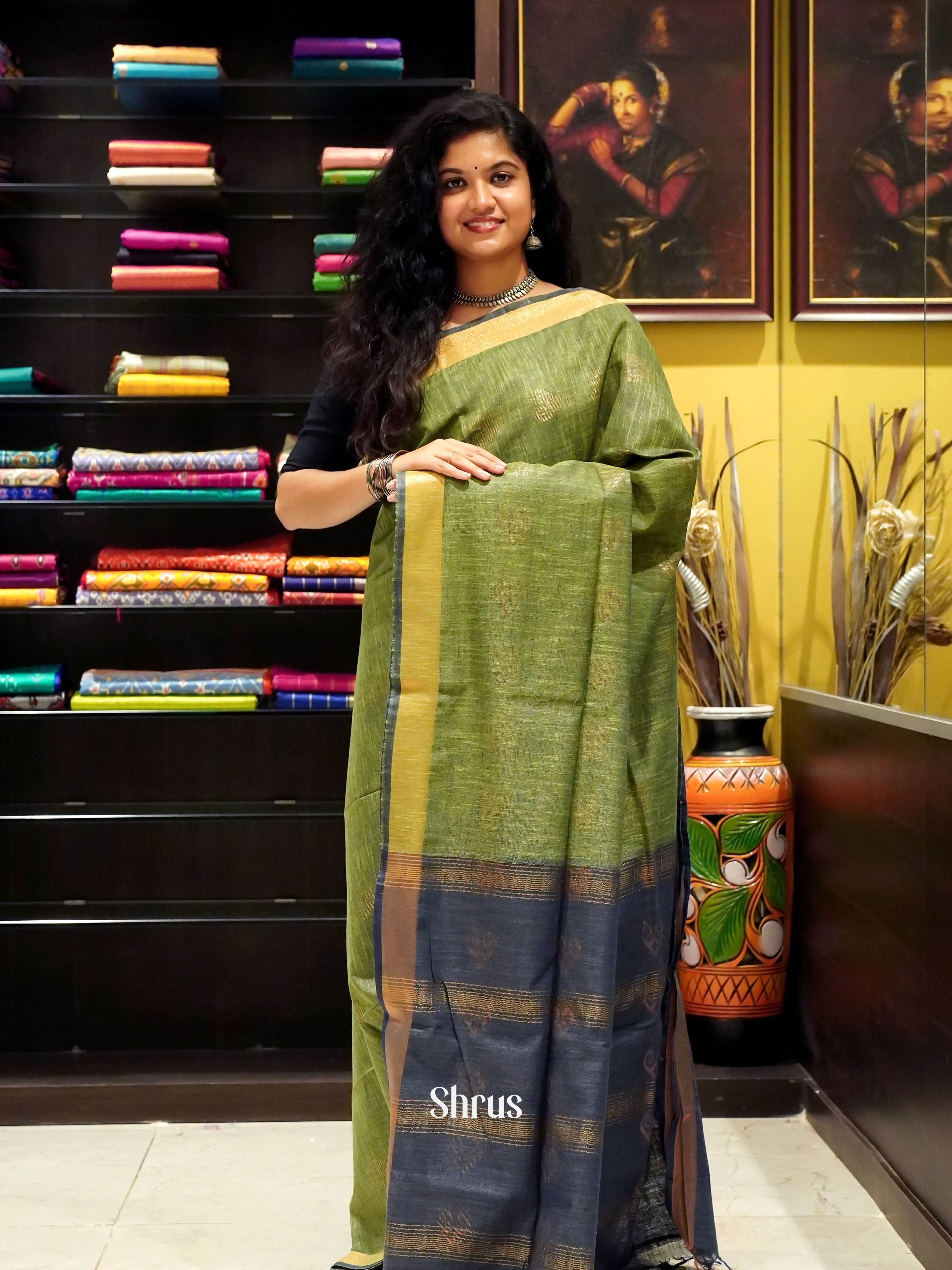 Green & Grey - Art Linen Saree - Shop on ShrusEternity.com