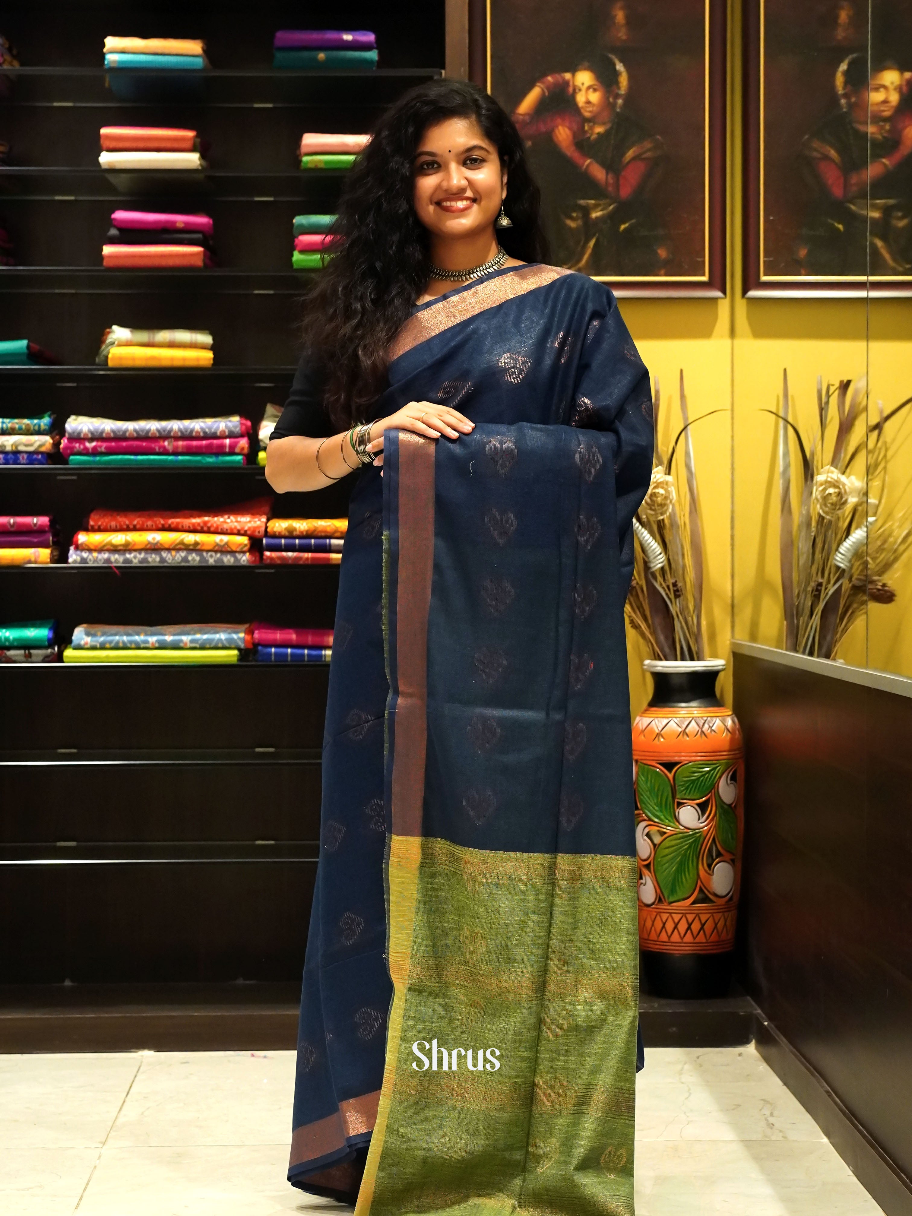 Blue & Green - Art Linen Saree - Shop on ShrusEternity.com
