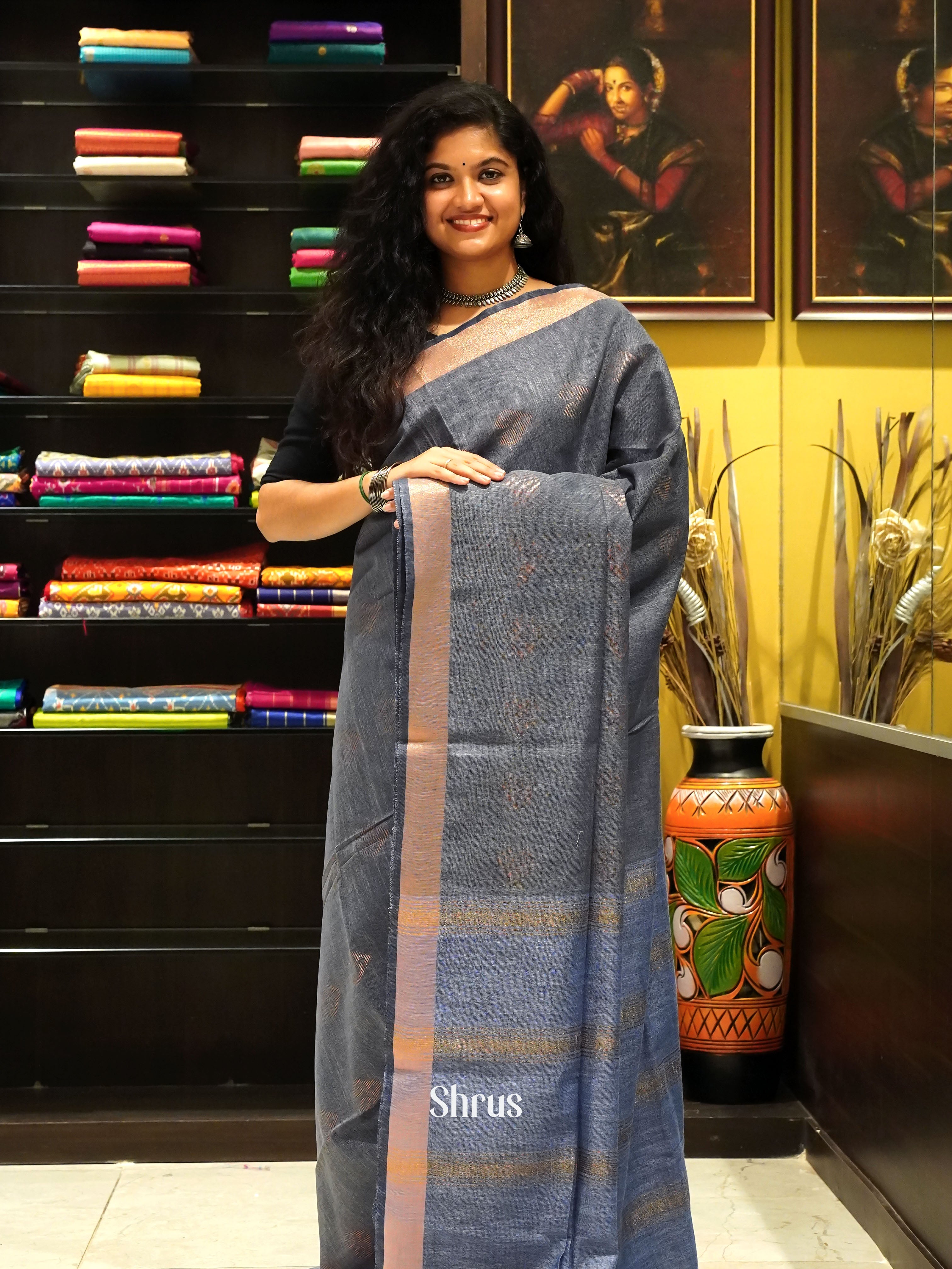 Grey & Purple - Art Linen Saree - Shop on ShrusEternity.com