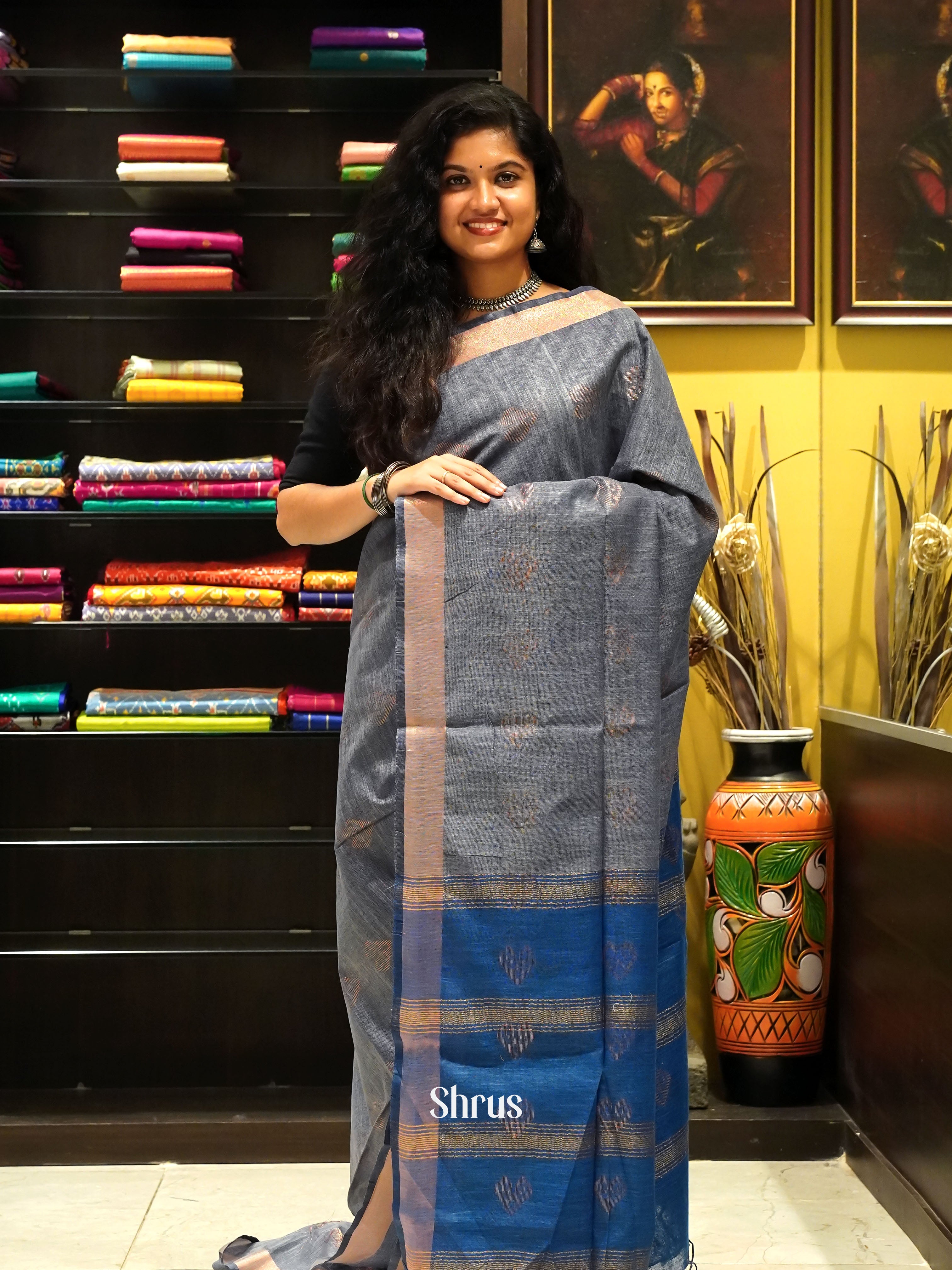 Grey & Blue - Art Linen Saree - Shop on ShrusEternity.com