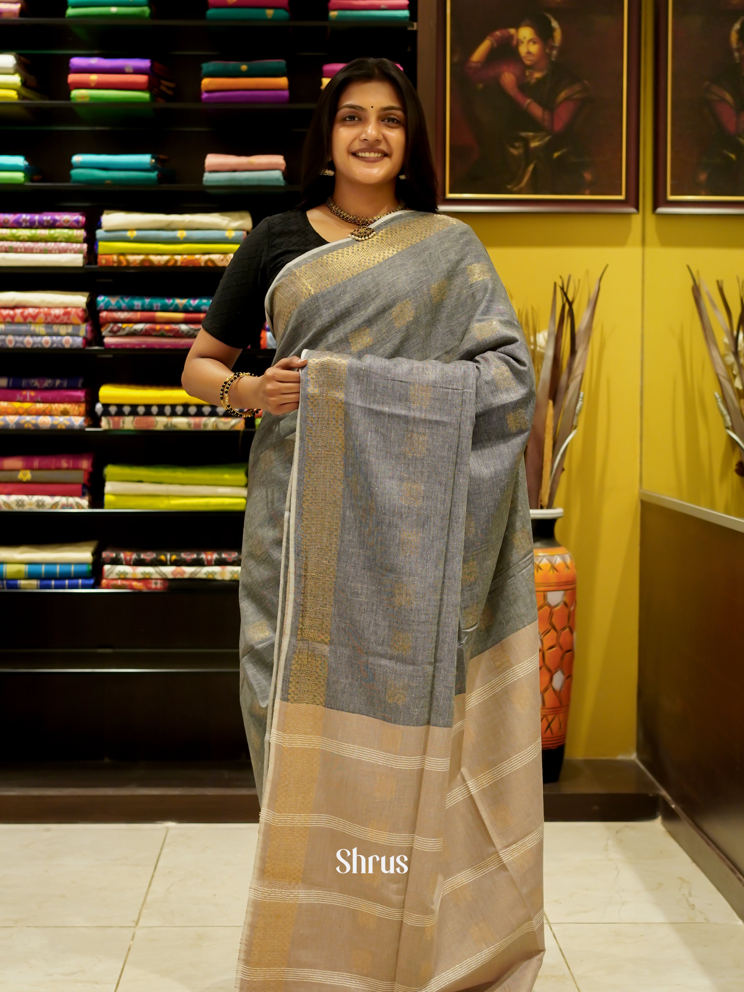 Grey & Beige - Art Linen Saree - Shop on ShrusEternity.com