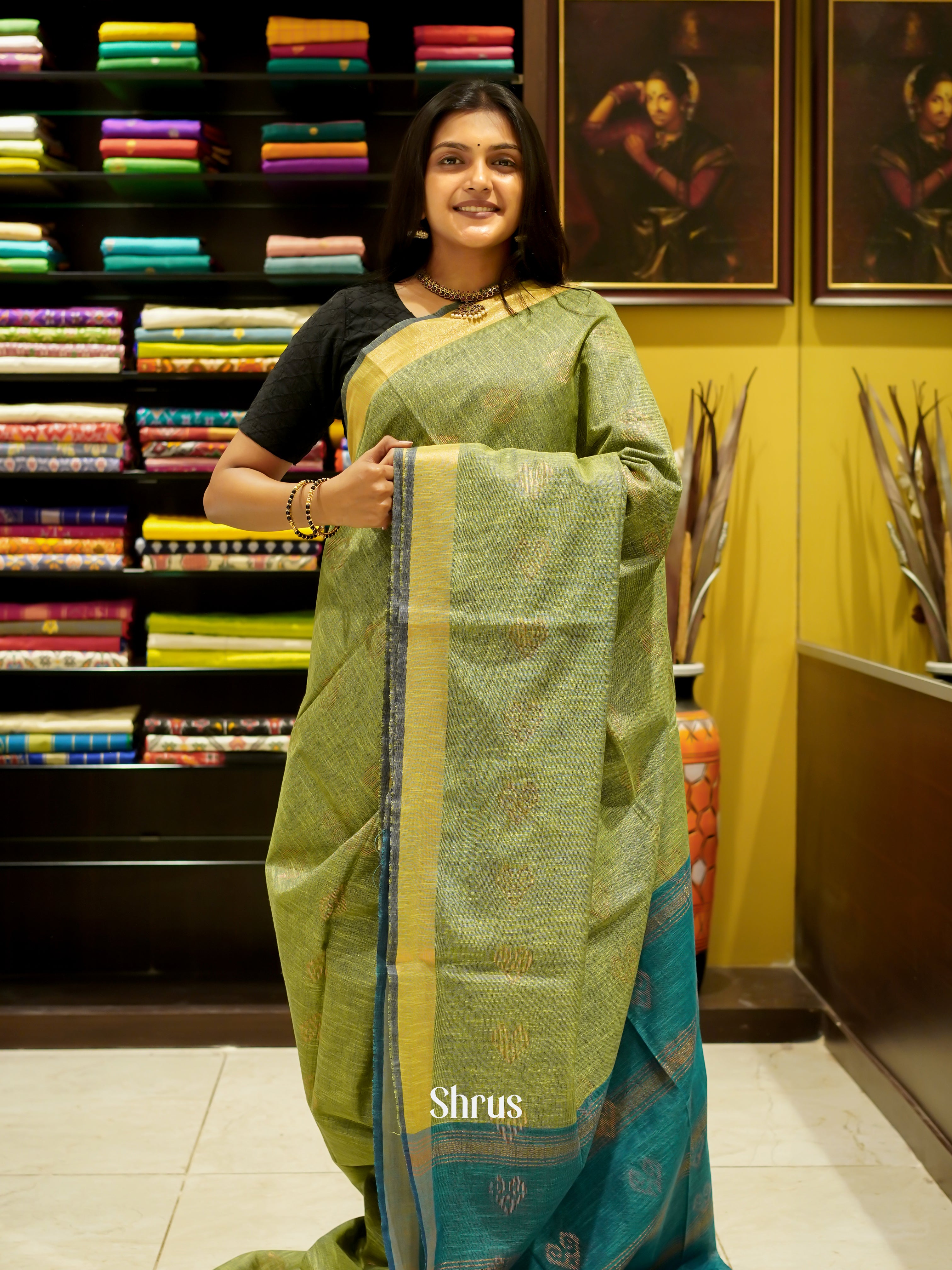 Green & Peacock Blue- Art Linen Saree - Shop on ShrusEternity.com