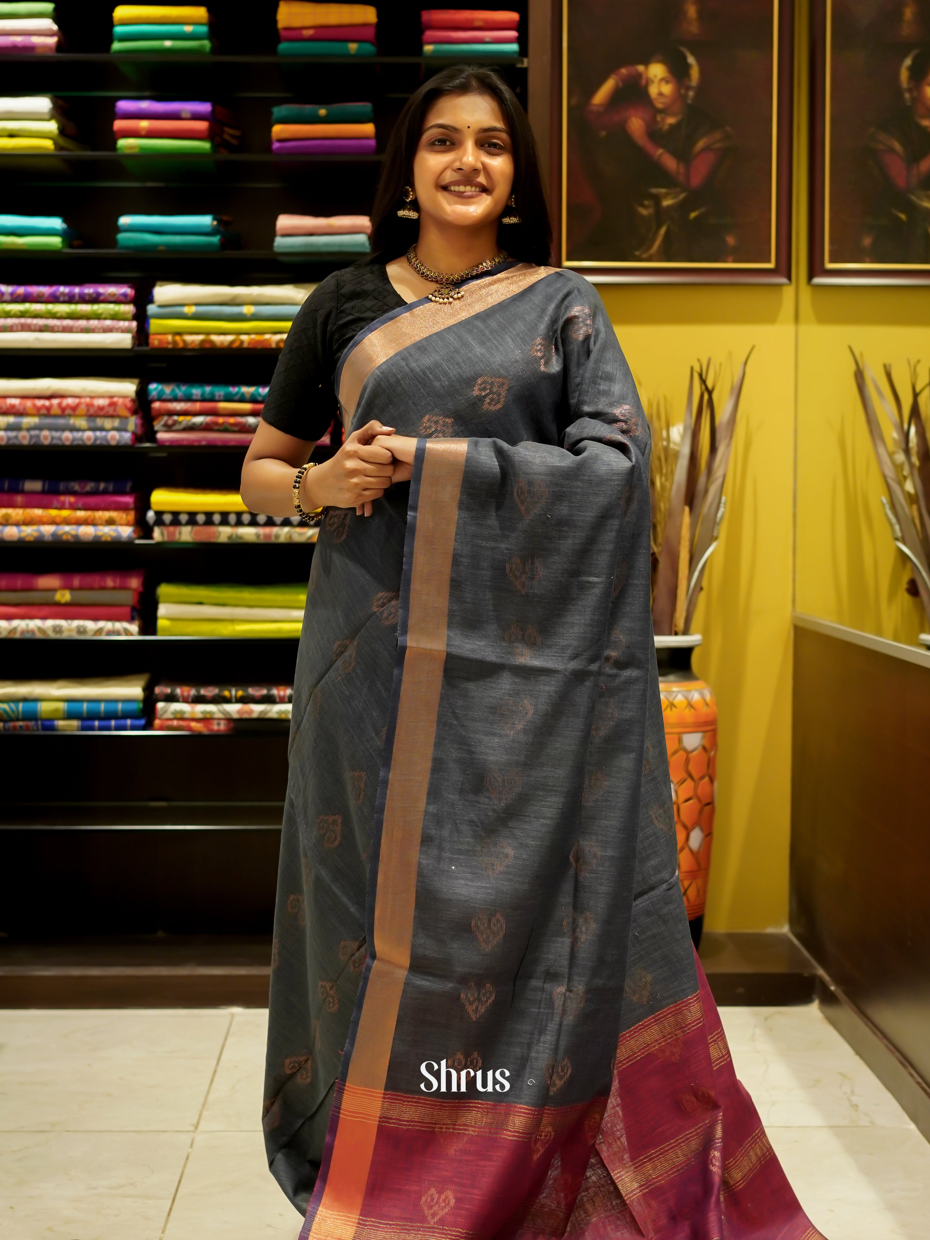 Grey & Wine - Art Linen Saree - Shop on ShrusEternity.com