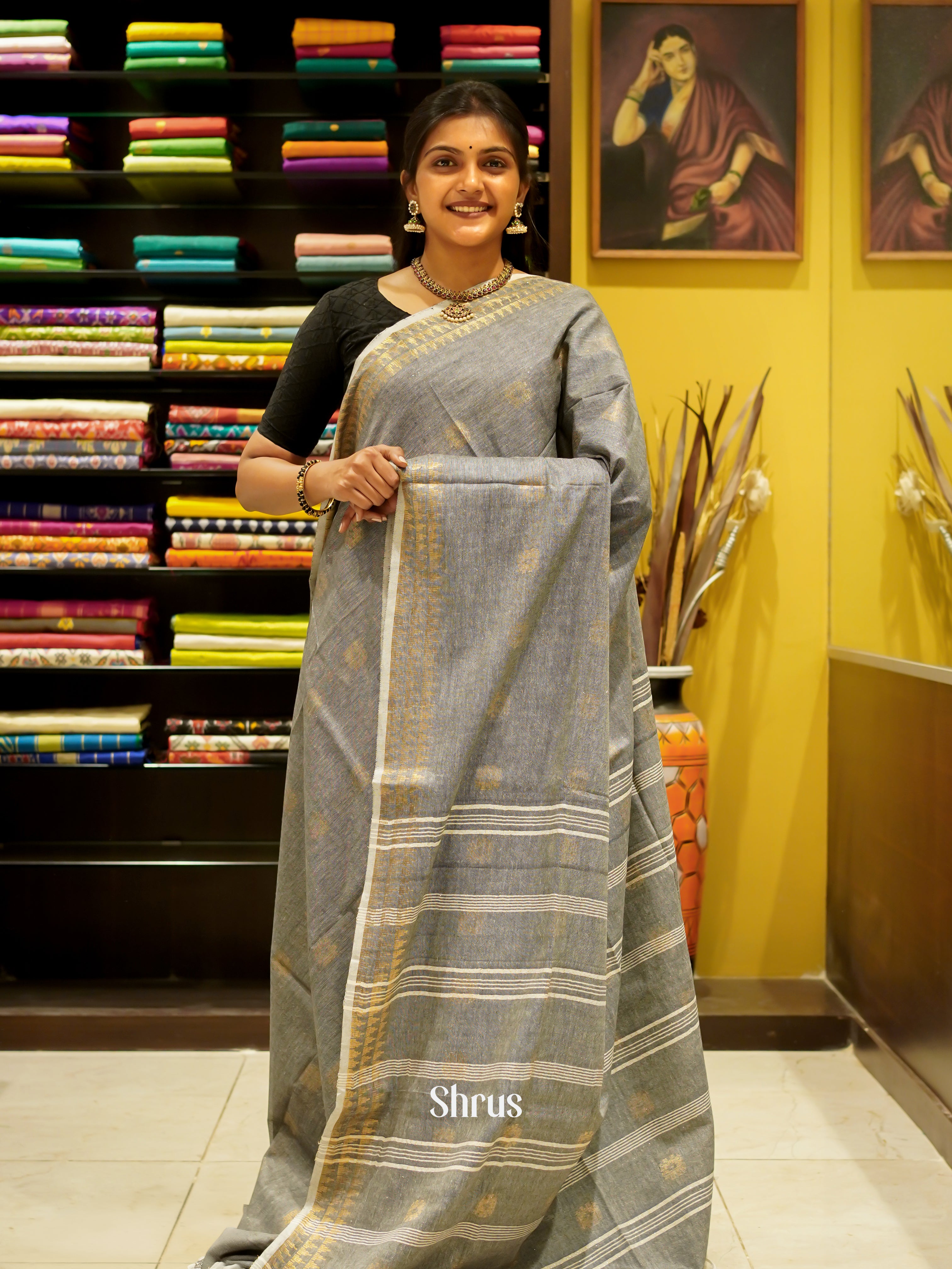 Grey(Single Tone) - Art Linen Saree - Shop on ShrusEternity.com