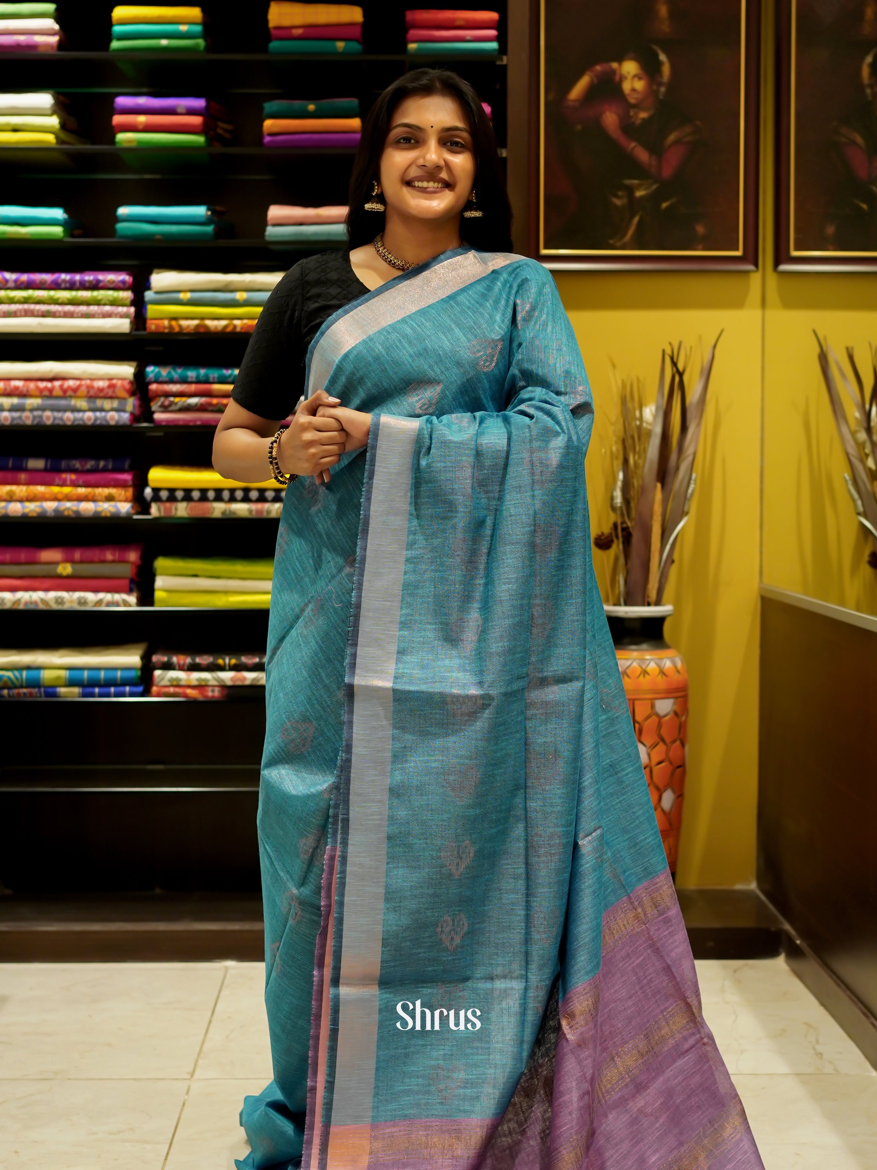 Blue & Purple - Art Linen Saree - Shop on ShrusEternity.com