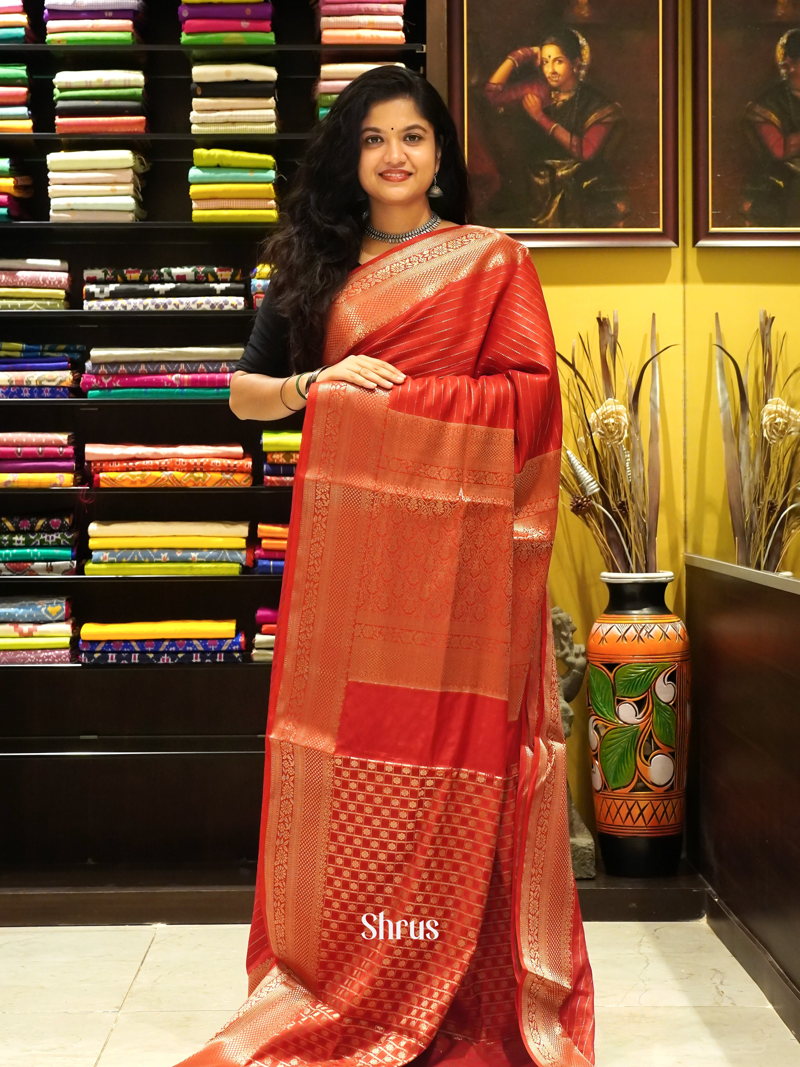 Red(Single Tone) -Semi silk cotton Saree - Shop on ShrusEternity.com