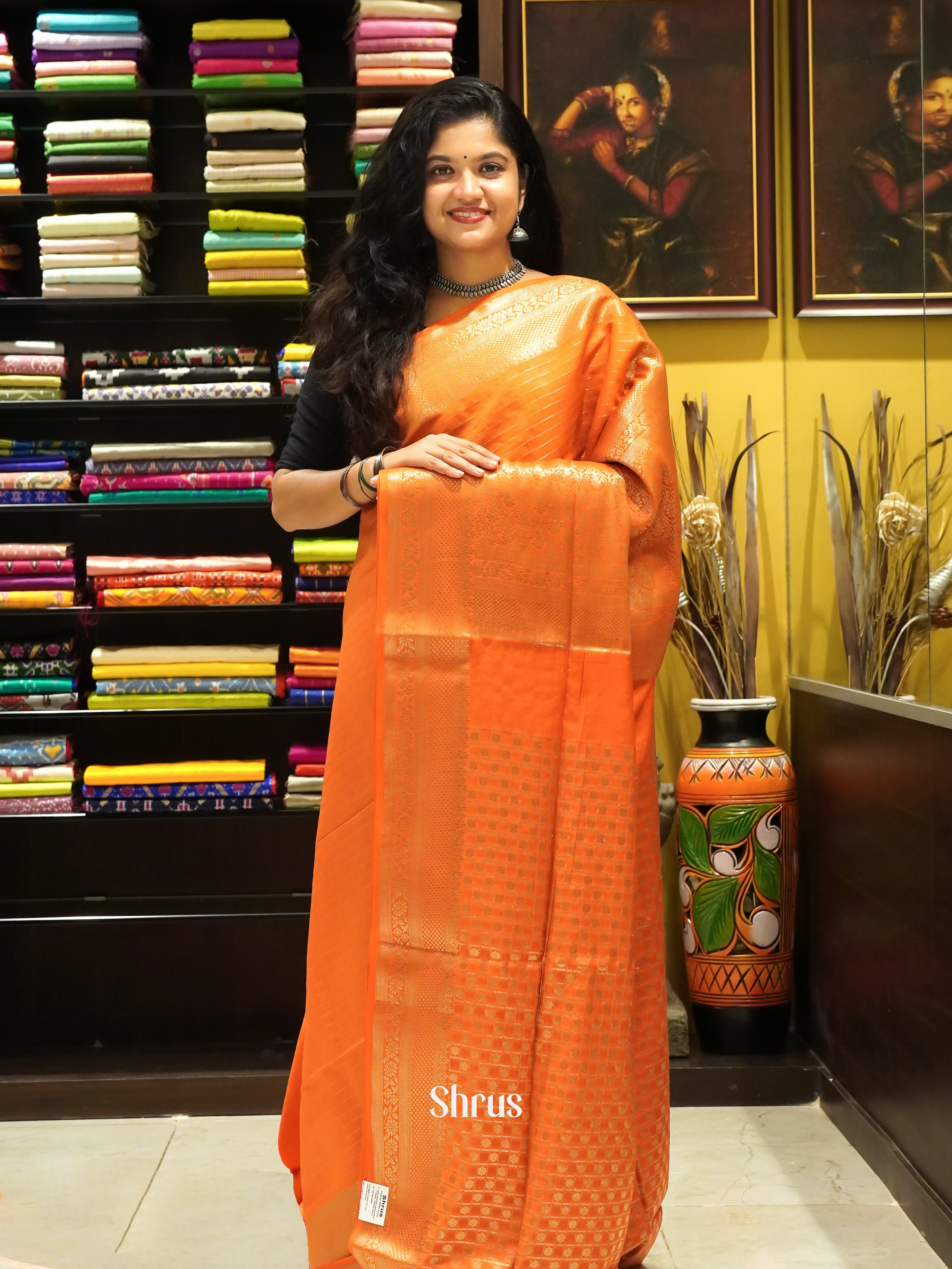 Orange(Single Tone) -Semi Silk Cotton Saree - Shop on ShrusEternity.com